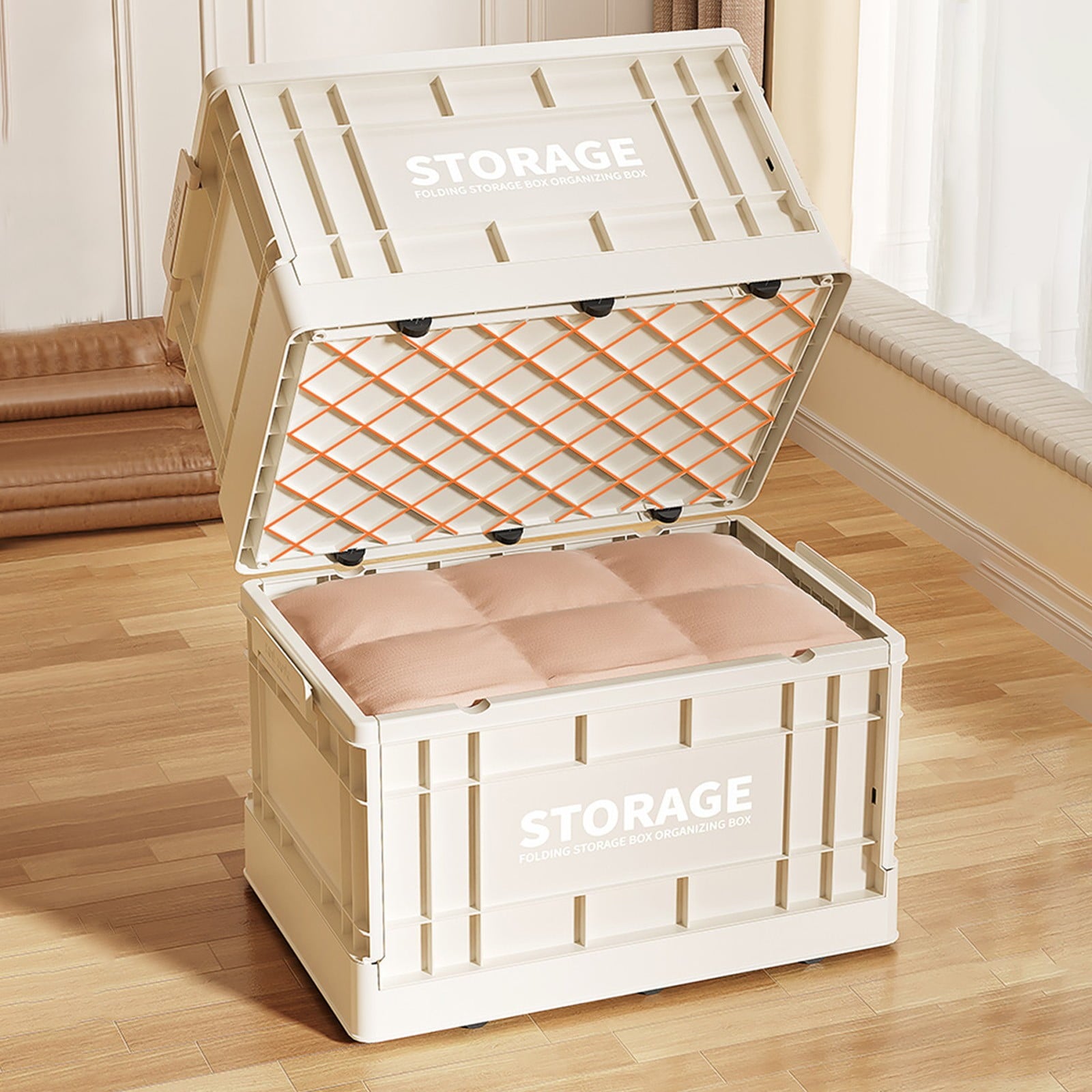 Foldable Storage Container Box with Lid, Large Capacity Plastic Tote Container Stackable Utility Crates Shelf Basket for Clothes Books Snack Shoe(Beige)