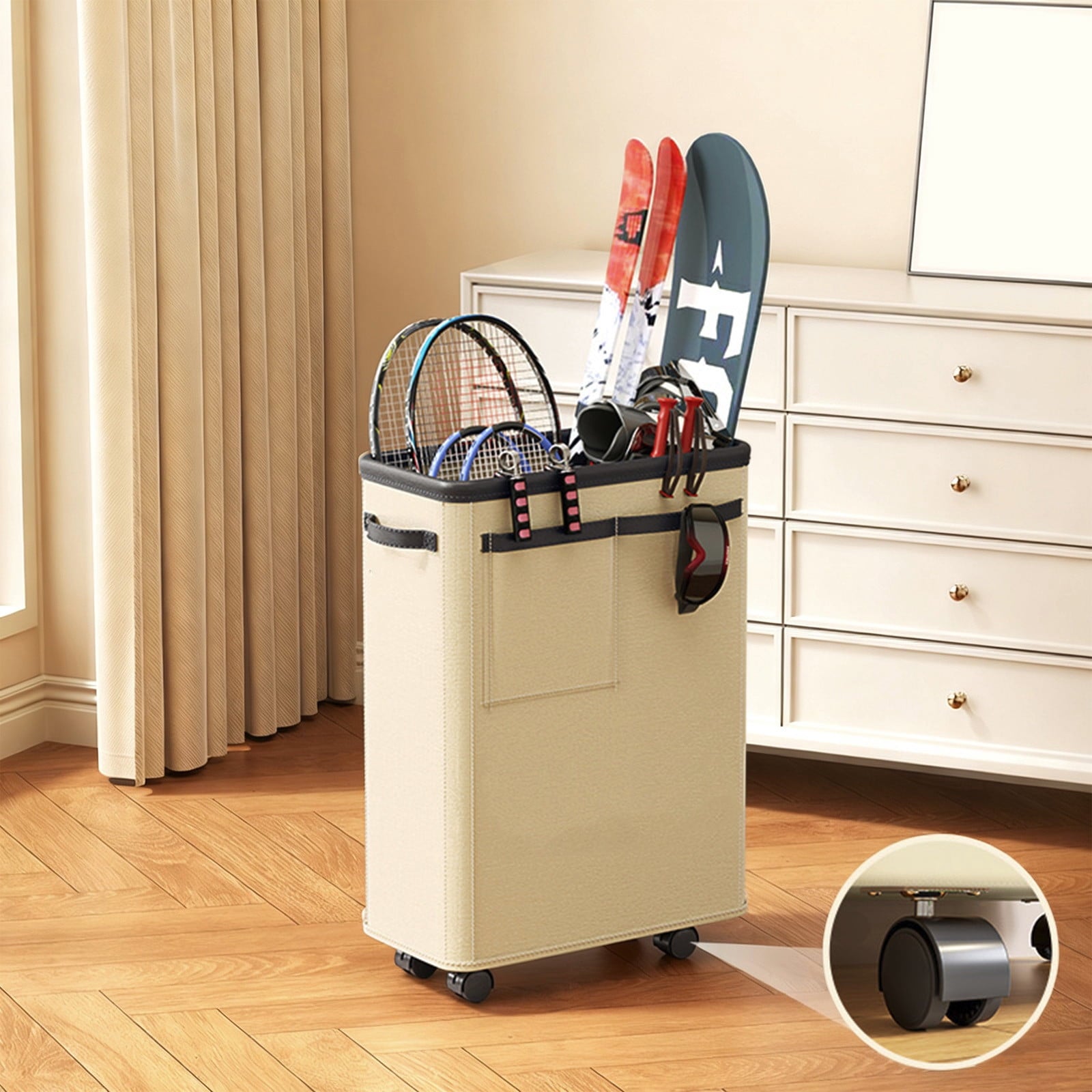Yoga Mat Storage Rack with Wheels, Large Capacity Corner Home Gym Organizer for Exercise Equipment, Holds 3+ Mats, Resistance Bands, Dumbbells, Beige Fabric Shelf
