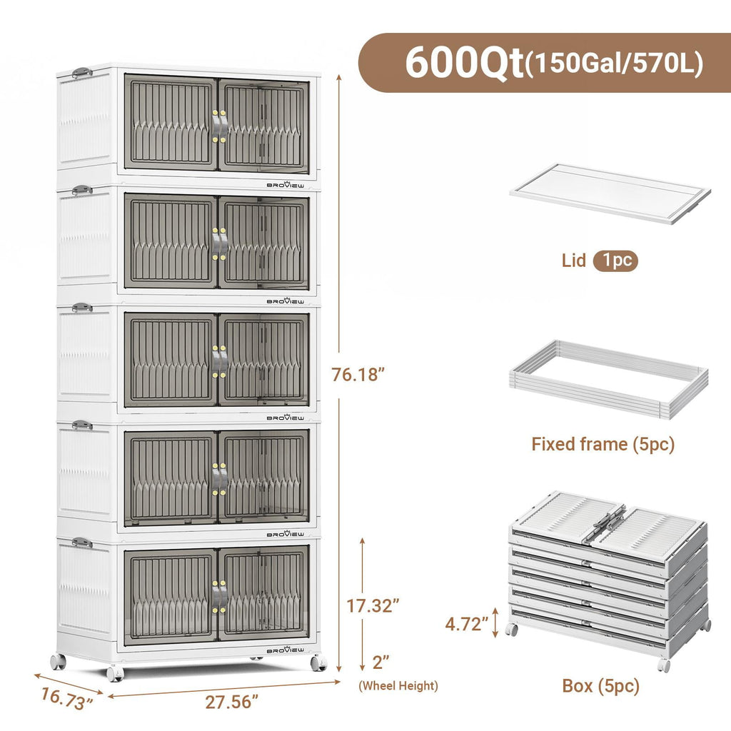 BROVIEW 150Gal Large Storage Bins with Lid, 600Qt Plastic Stackable Closet Organizer and Storage, Collapsible Storage Box with Wheels, Folding Storage Cabinet Containers for Home Office, 5Pack White