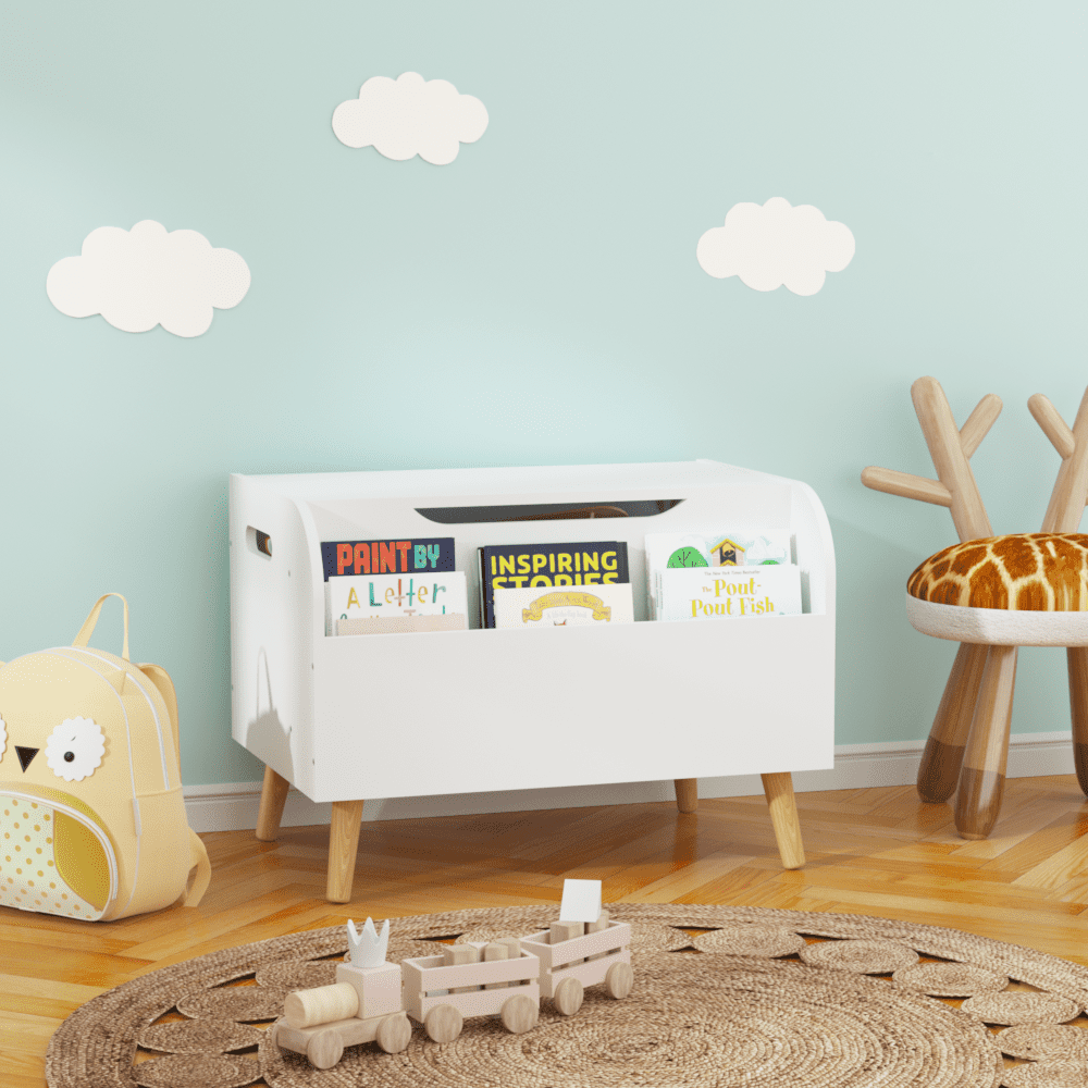 Large Wooden Toy Box with Front Bookshelf - Kids Toy Storage Organizer, Safety Hinge & Flip-Top Lid for Boys and Girls - Perfect Toy Chest Bench for Playroom Organization (White)