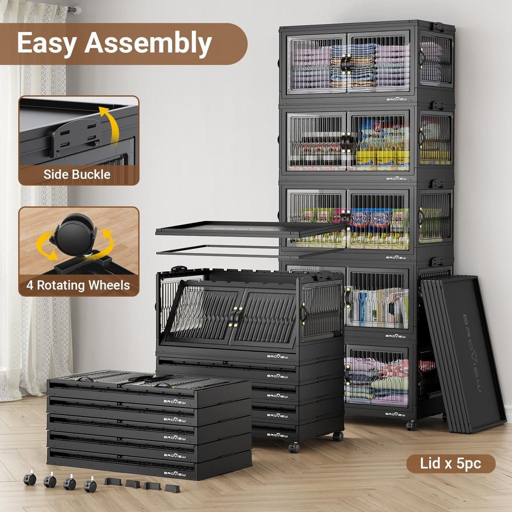 BROVIEW 360QT Large Stackable Storage Bins with Lids and Wheels, Plastic Closet Organizer and Storage Drawer, Collapsible Storage Cabinet with Doors for Home Kitchen, 3Pack Black