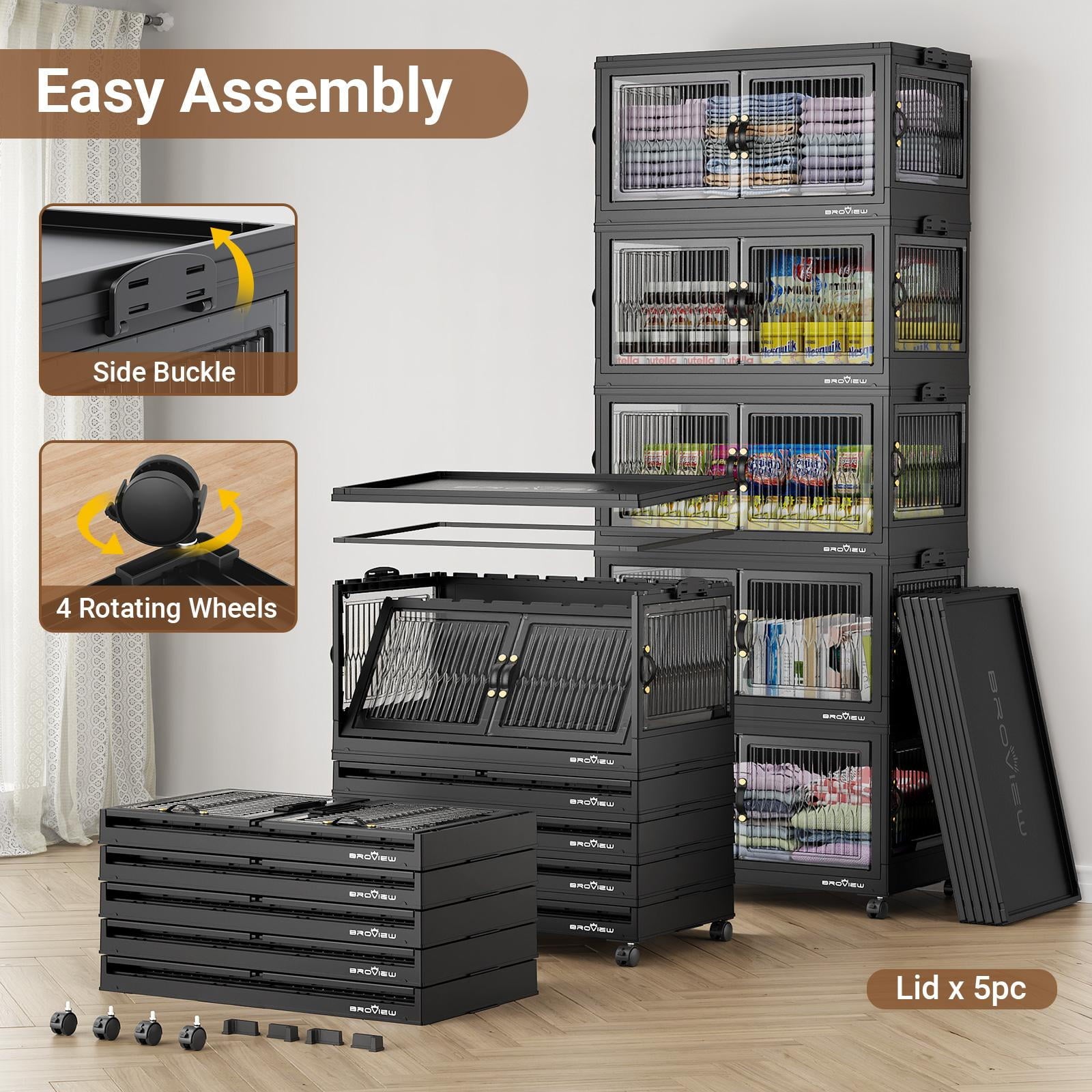 BROVIEW 360QT Large Stackable Storage Bins with Lids and Wheels, Plastic Closet Organizer and Storage Drawer, Collapsible Storage Cabinet with Doors for Home Kitchen, 3Pack Black