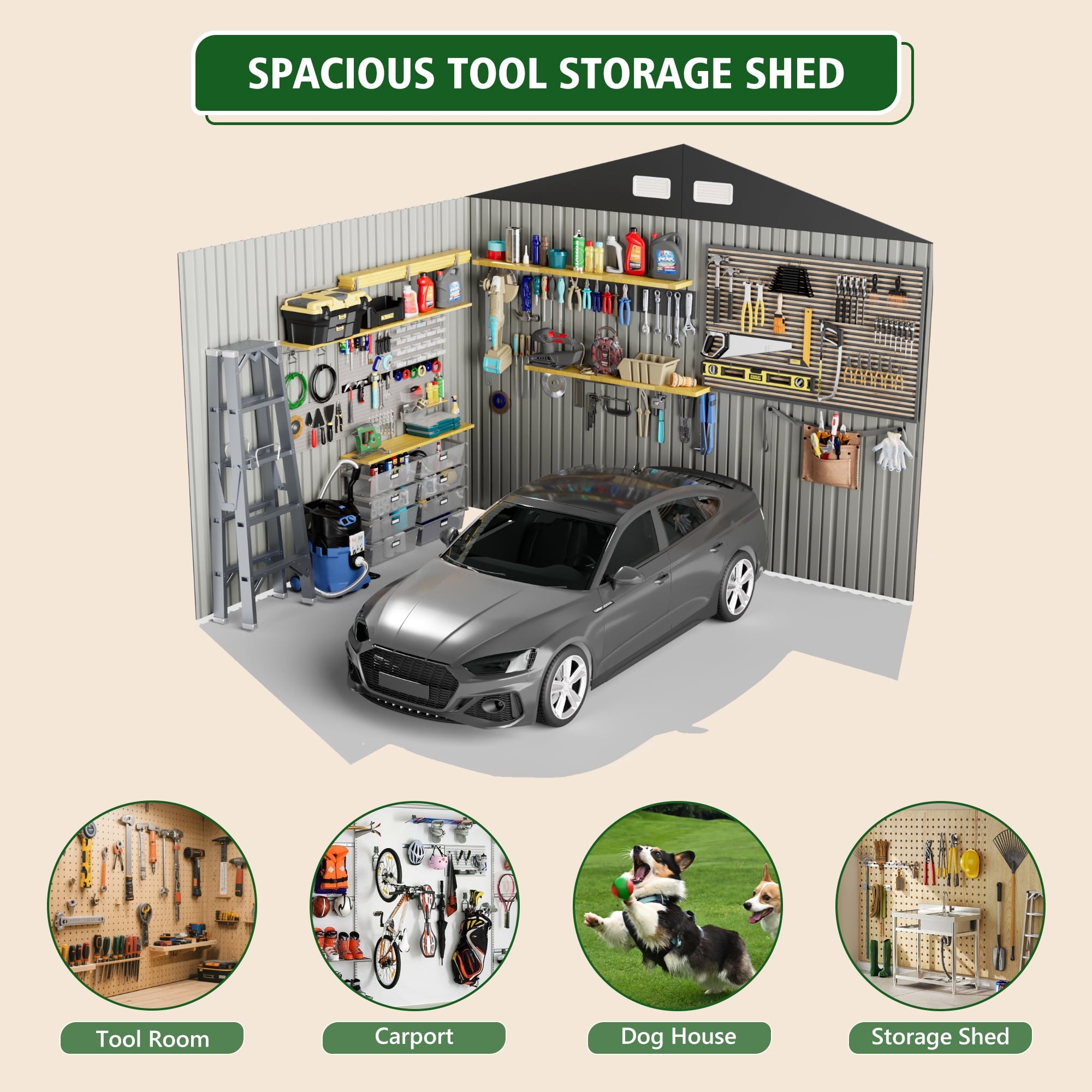 10 ft. W x 8 ft. D Outdoor Metal Tool Storage Shed with Led Light & Air Vents