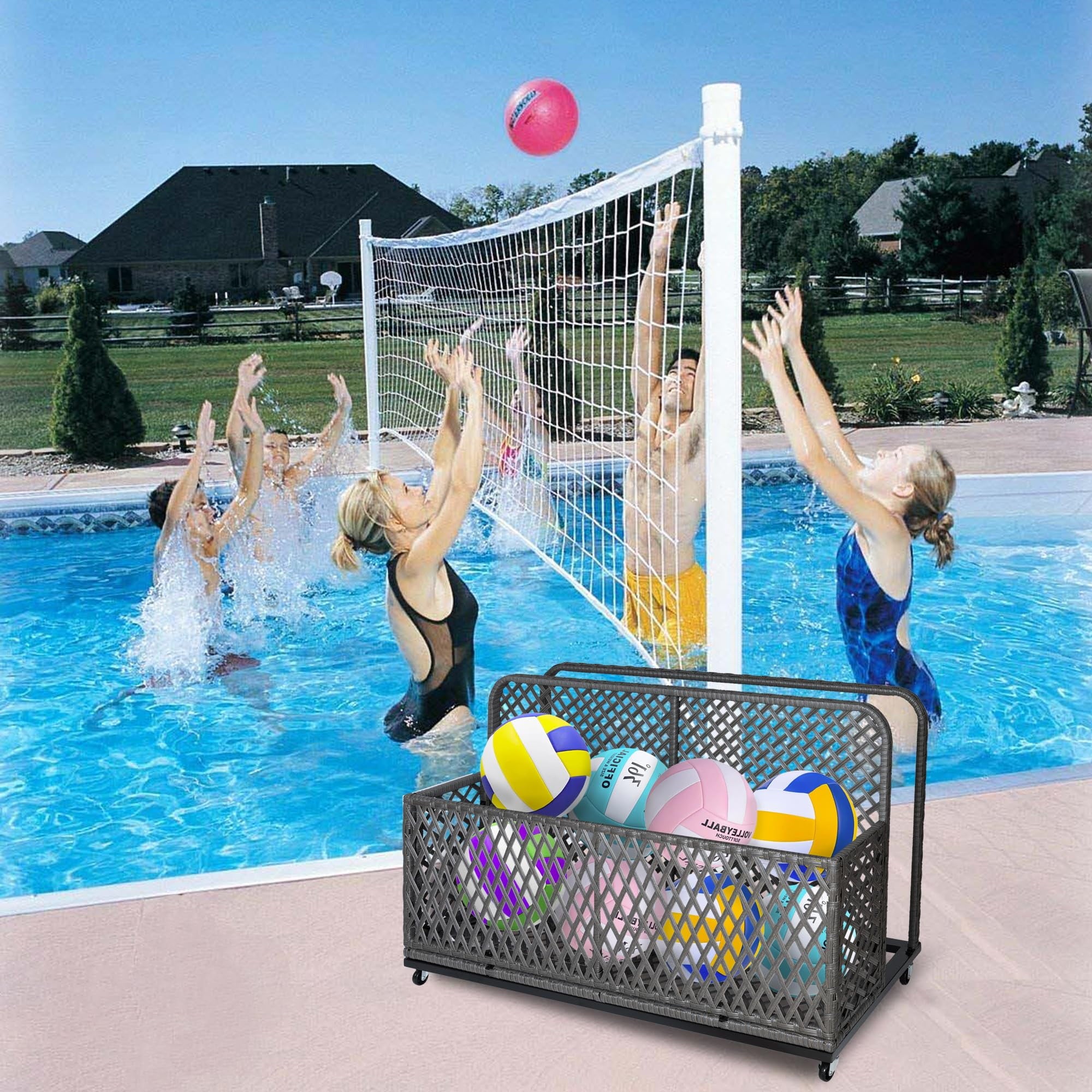 Ataucjin Poolside Float Storage, Outdoor Storage, Patio Basket, Storage Box, PE Rattan Outdoor Pool Caddy with Rolling Wheels for Floaties, Patio, Pool, Beach-Sturdy & Movable, Diamond Gray
