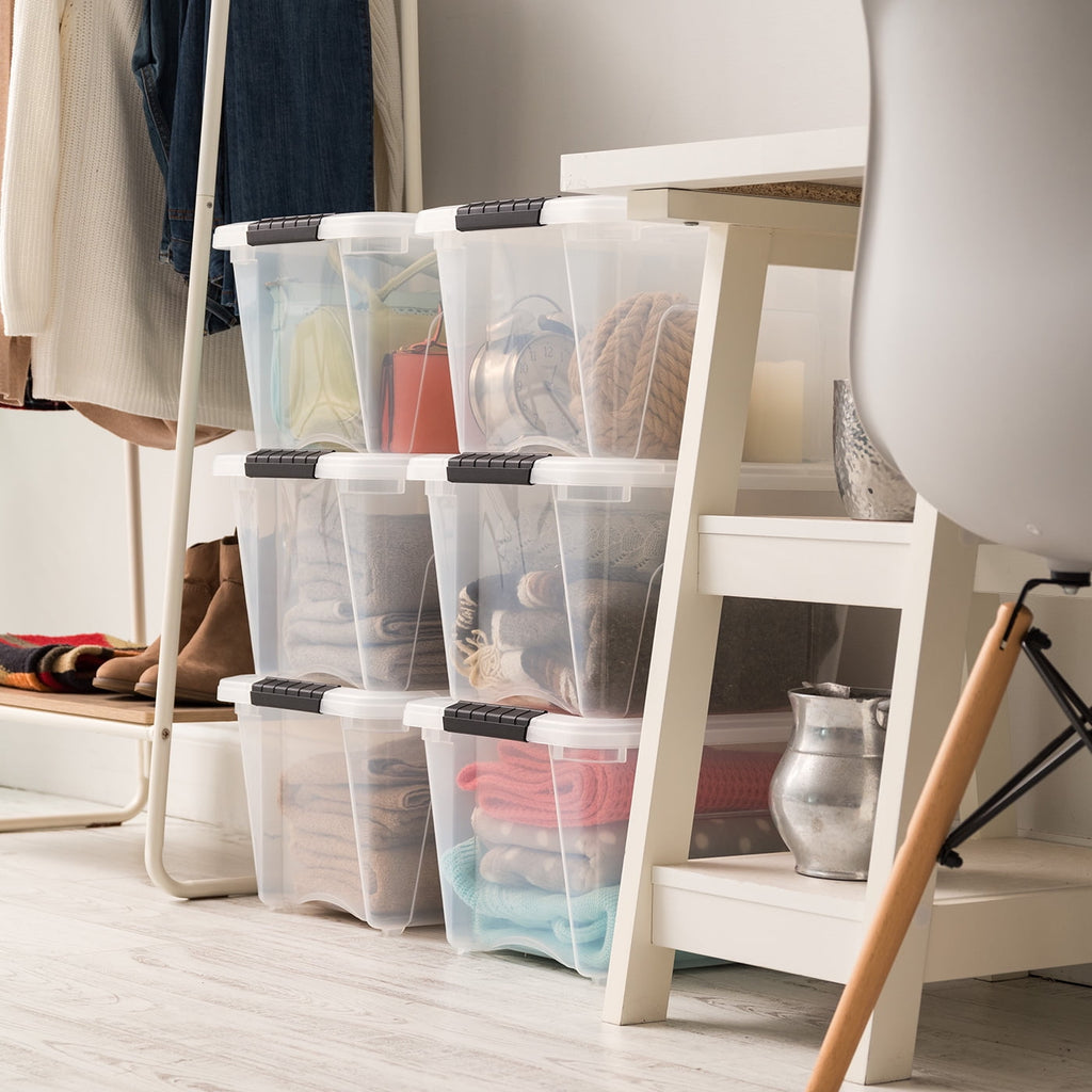 IRIS USA 19 Qt Stackable Plastic Storage Bins with Lids, 4 Pack - BPA-Free,  - See-Through Organizing Solution, Latches, Durable Nestable Containers, Secure Pull Handle - Clear