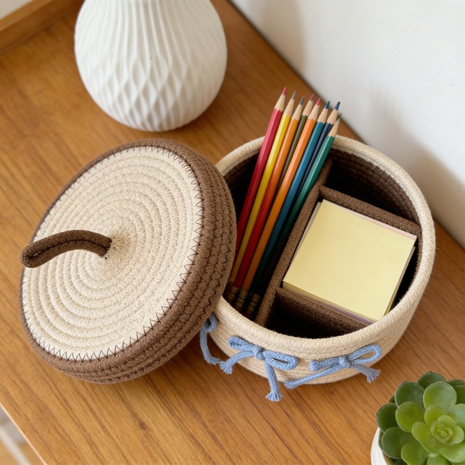 Cake Shaped Storage Basket with Lid, Cotton Rope Toy Organizer & Decorative Bin for Ki-ds Room, Small Items Storage, Khaki