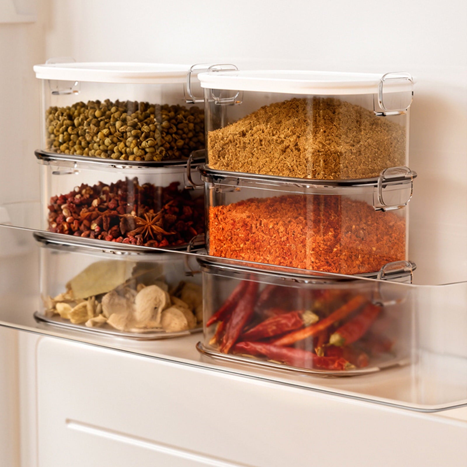 Spice Organizer with Dividers, Clear Plastic Airtight Storage Container Box for Kitchen Counter Cabinet, Portable with Handle and Non-Slip Feet