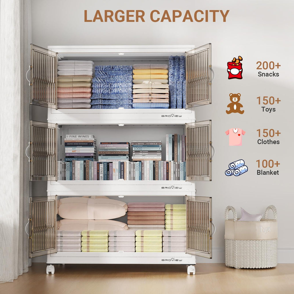 BROVIEW 150Gal Large Storage Bins with Lid, 600Qt Plastic Stackable Closet Organizer and Storage, Collapsible Storage Box with Wheels, Folding Storage Cabinet Containers for Home Office, 5Pack White