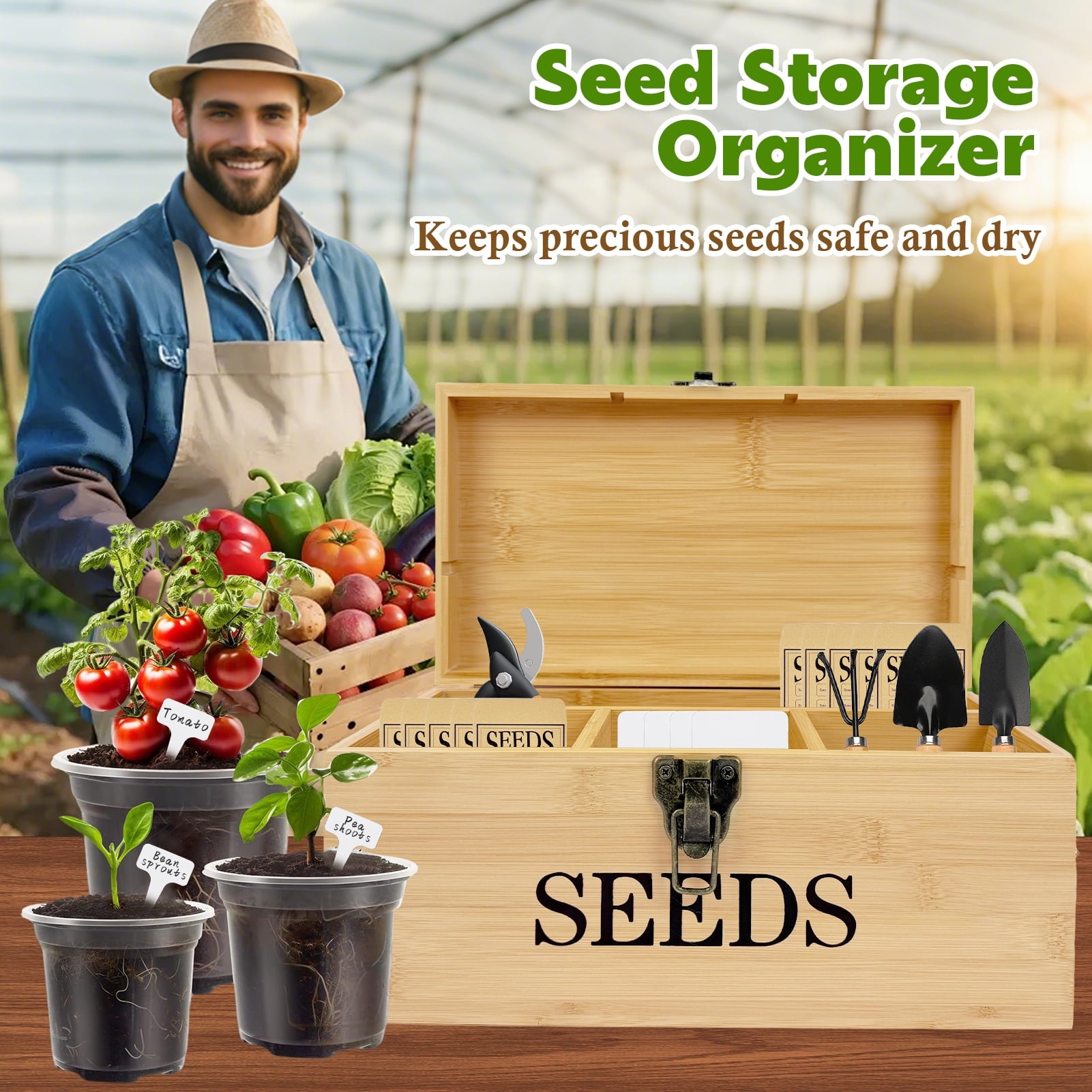 VOROLAK Wood Seed Saving Box, Seed Storage Organizer Case, Seed Packet Storage Organizer with Lock and 3 Handles, 30P Plant Labels, 30P Seeding Envelopes Bag