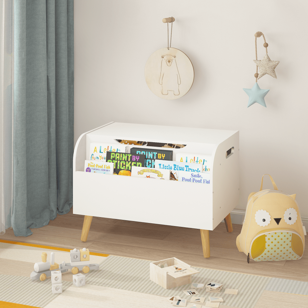 Large Wooden Toy Box with Front Bookshelf - Kids Toy Storage Organizer, Safety Hinge & Flip-Top Lid for Boys and Girls - Perfect Toy Chest Bench for Playroom Organization (White)