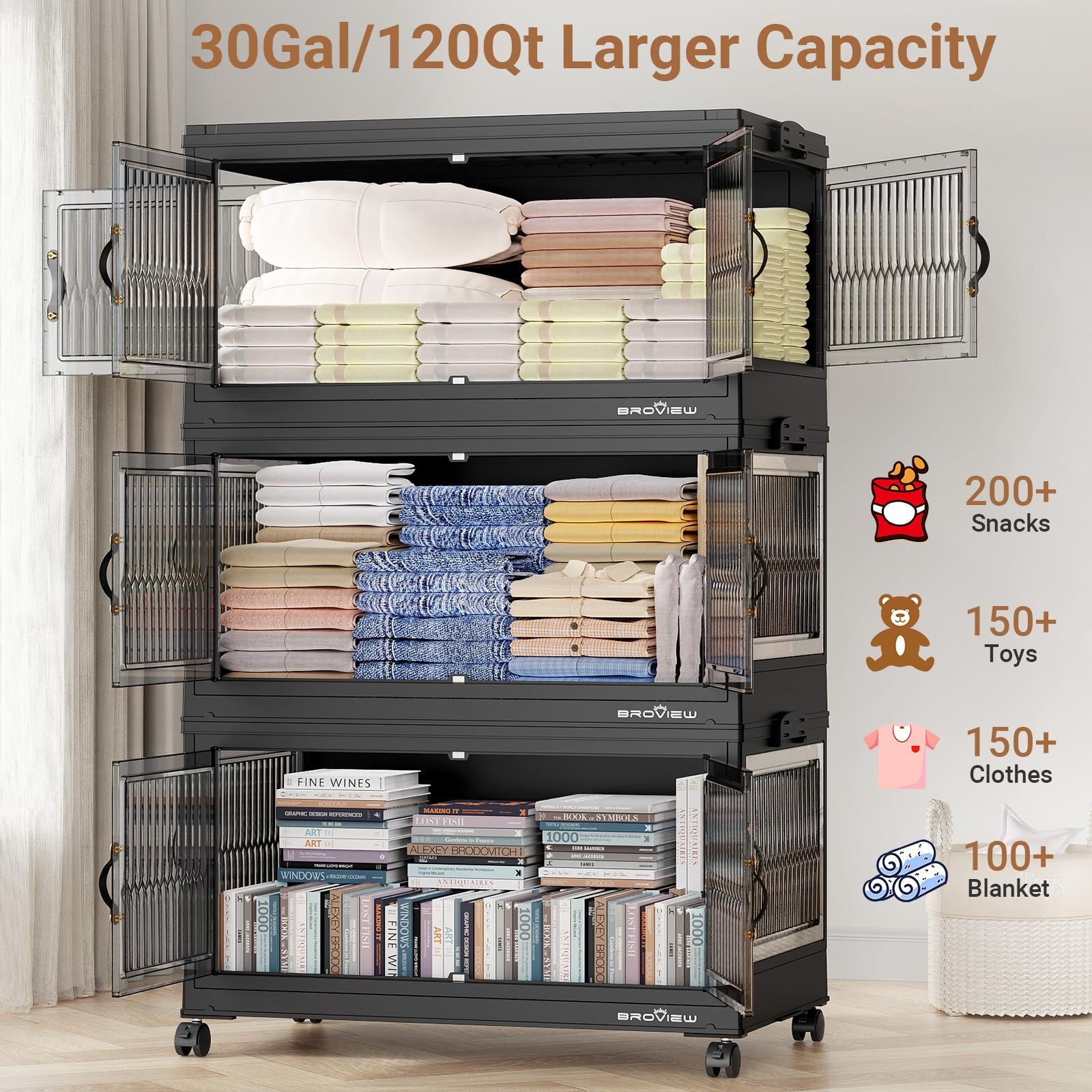 BROVIEW 360QT Large Stackable Storage Bins with Lids and Wheels, Plastic Closet Organizer and Storage Drawer, Collapsible Storage Cabinet with Doors for Home Kitchen, 3Pack Black