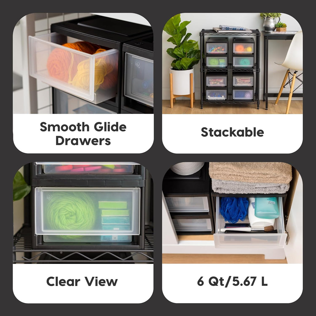 IRIS USA 6 Qt Plastic Drawer Storage Organizer Stackable with Sliding Drawer, Black, 2-Pack