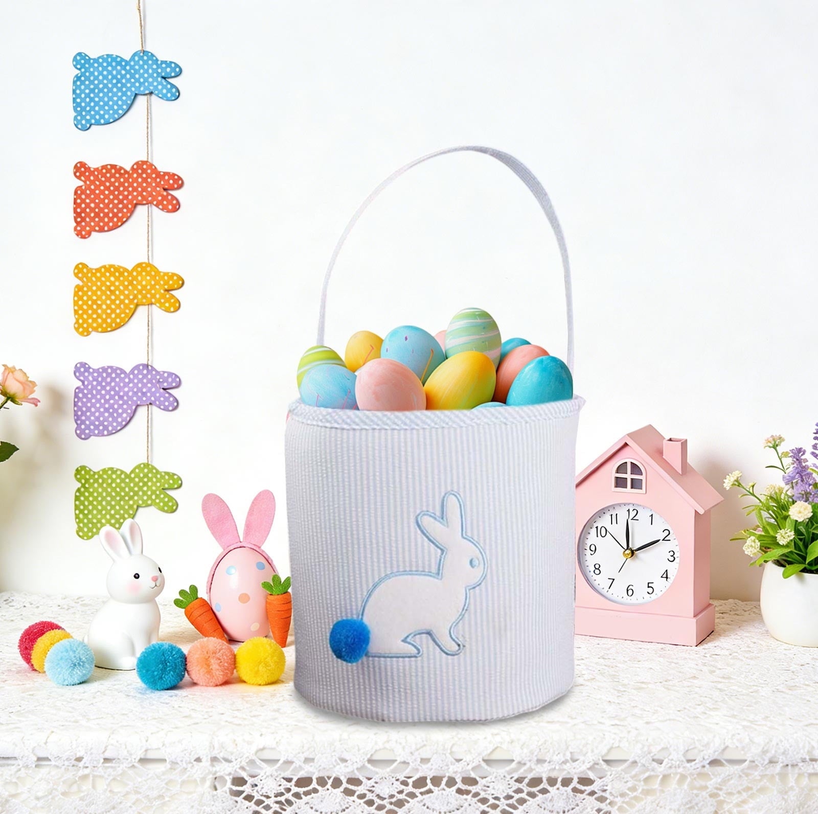 Foldable Easter Basket Bag, Rabbit Shaped Storage Tote with Handles for Ki-ds Egg Hunt, Blue Bunny Decor & Spring Gift Basket, Collapsible Fabric Bin