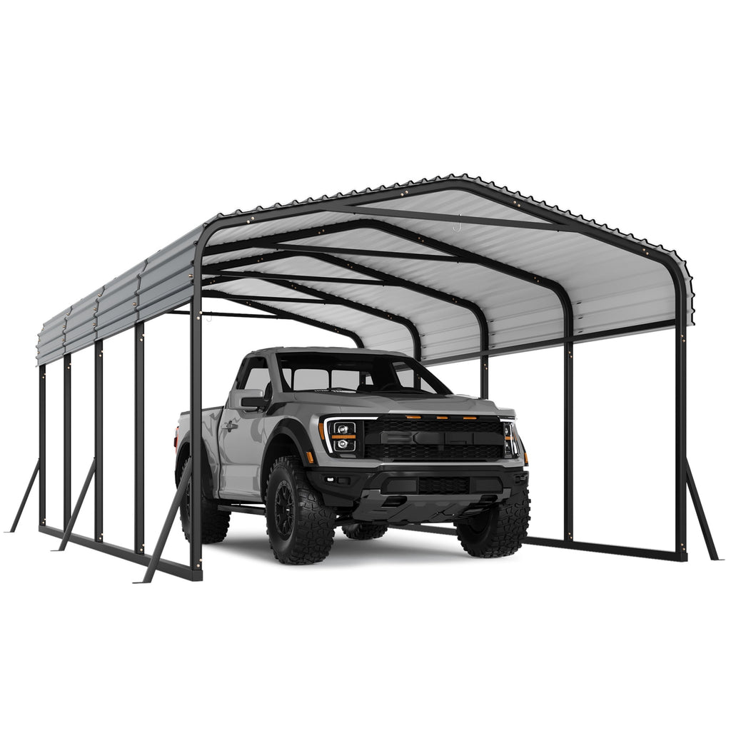 Ataucjin 12' x 20' Heavy Duty Metal Carport with Galvanized Steel Roof, Metal Roof Carport with Enhanced Base, Tall Metal Carport Kits Garage for Tractors, Pickup, Boat, Car(ship in 4 boxes)
