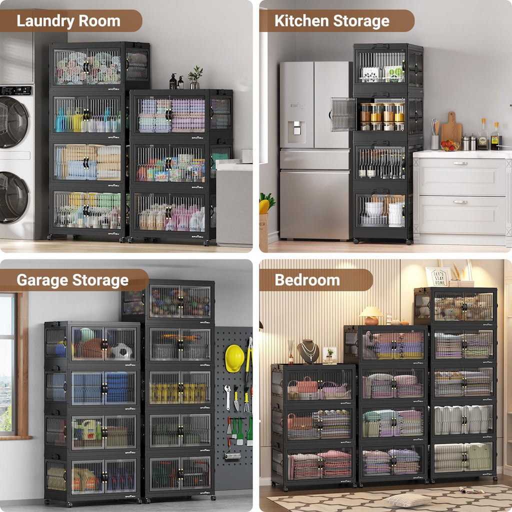 BROVIEW 360QT Large Stackable Storage Bins with Lids and Wheels, Plastic Closet Organizer and Storage Drawer, Collapsible Storage Cabinet with Doors for Home Kitchen, 3Pack Black