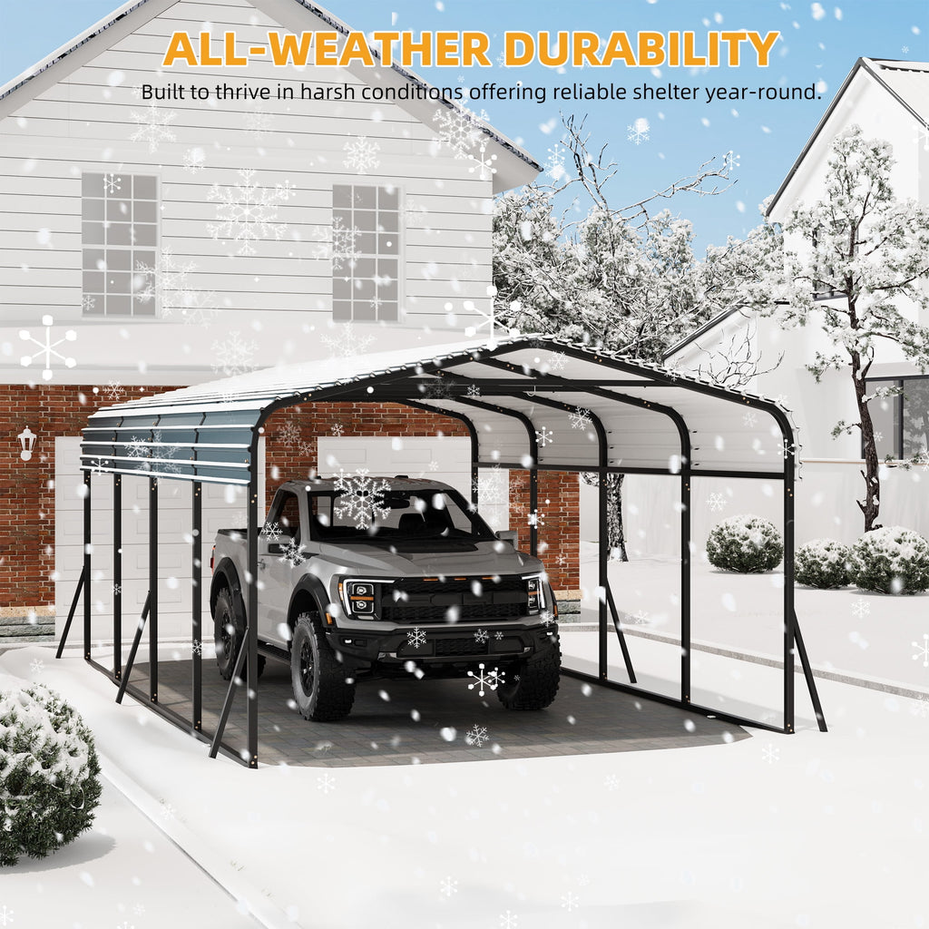 Ataucjin 12' x 20' Heavy Duty Metal Carport with Galvanized Steel Roof, Metal Roof Carport with Enhanced Base, Tall Metal Carport Kits Garage for Tractors, Pickup, Boat, Car(ship in 4 boxes)