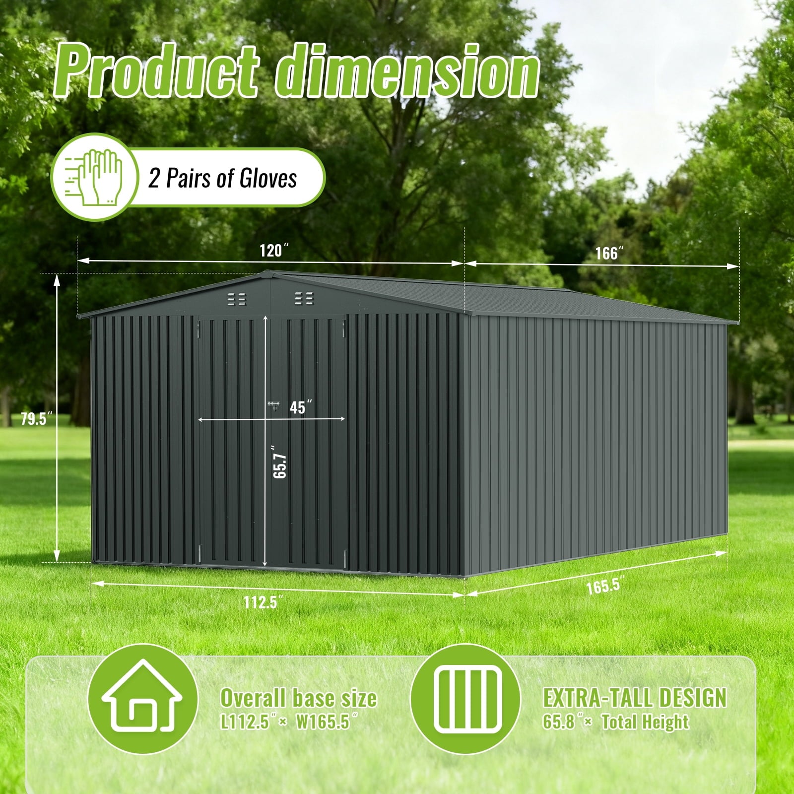 PABIMIA 10FT x 14FT Metal Outdoor Storage Shed with Lockable Doors, Black