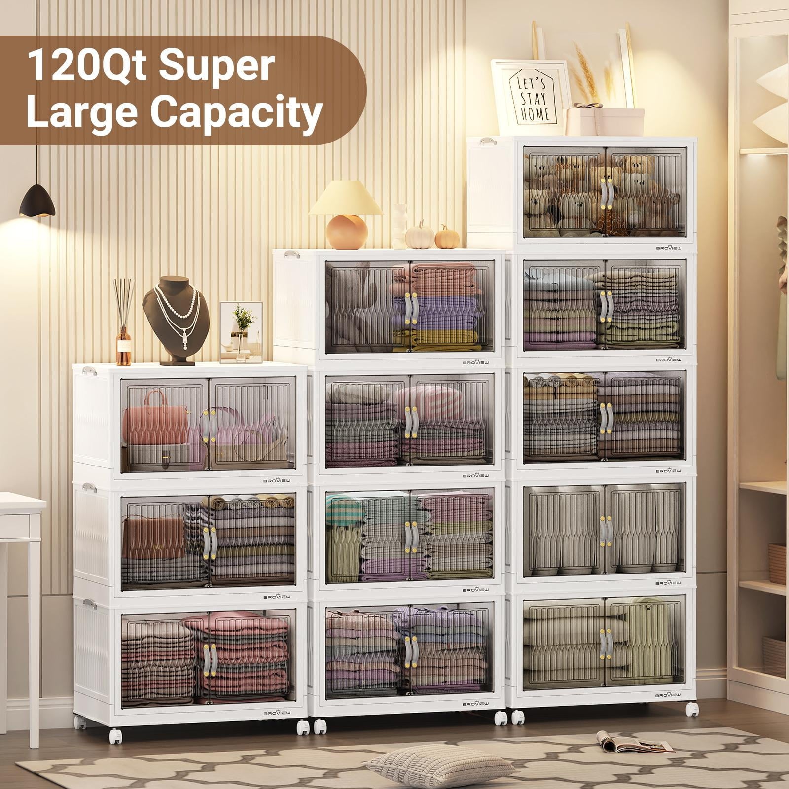 BROVIEW 150Gal Large Storage Bins with Lid, 600Qt Plastic Stackable Closet Organizer and Storage, Collapsible Storage Box with Wheels, Folding Storage Cabinet Containers for Home Office, 5Pack White