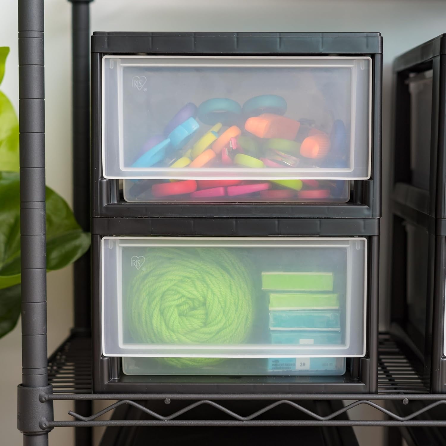 IRIS USA 6 Qt Plastic Drawer Storage Organizer Stackable with Sliding Drawer, Black, 2-Pack
