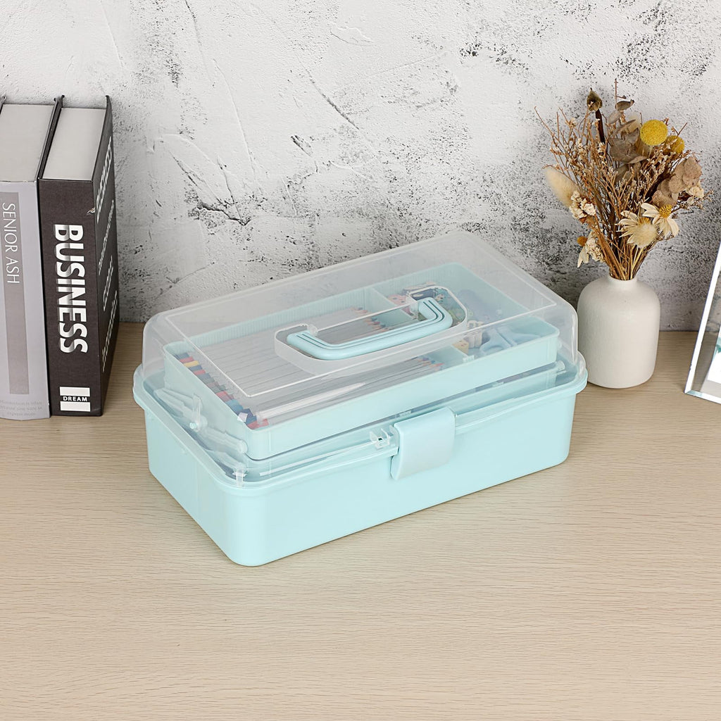 3-Layer Plastic Dividing Storage Box Craft Organizer and Storage with Adjustable Spacers Portable Handled Art Supply Organizer Multipurpose Home Utility Box for Medicine, Sewing(Blue)