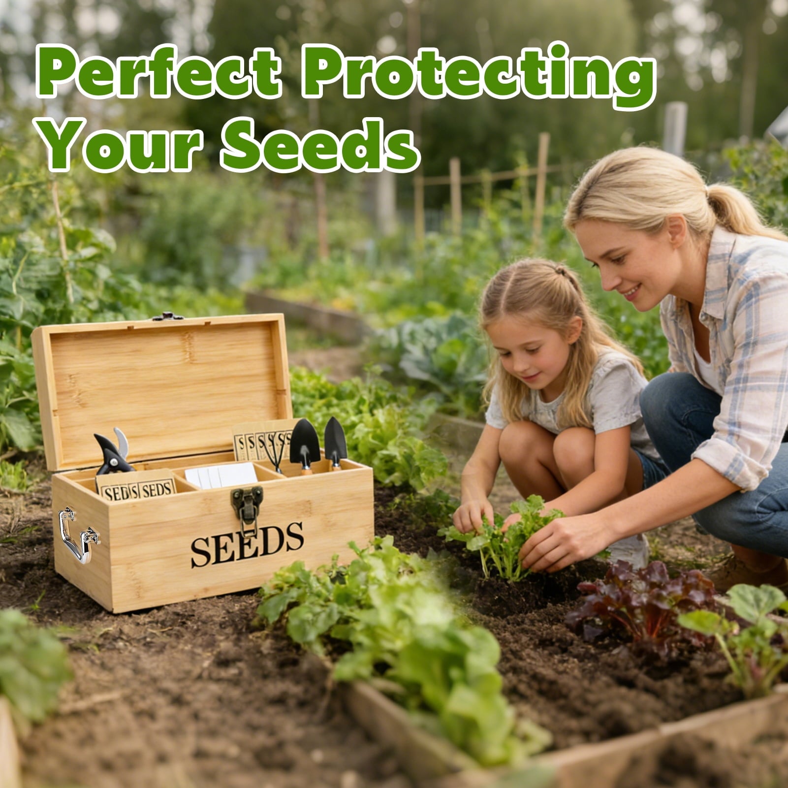 VOROLAK Wood Seed Saving Box, Seed Storage Organizer Case, Seed Packet Storage Organizer with Lock and 3 Handles, 30P Plant Labels, 30P Seeding Envelopes Bag