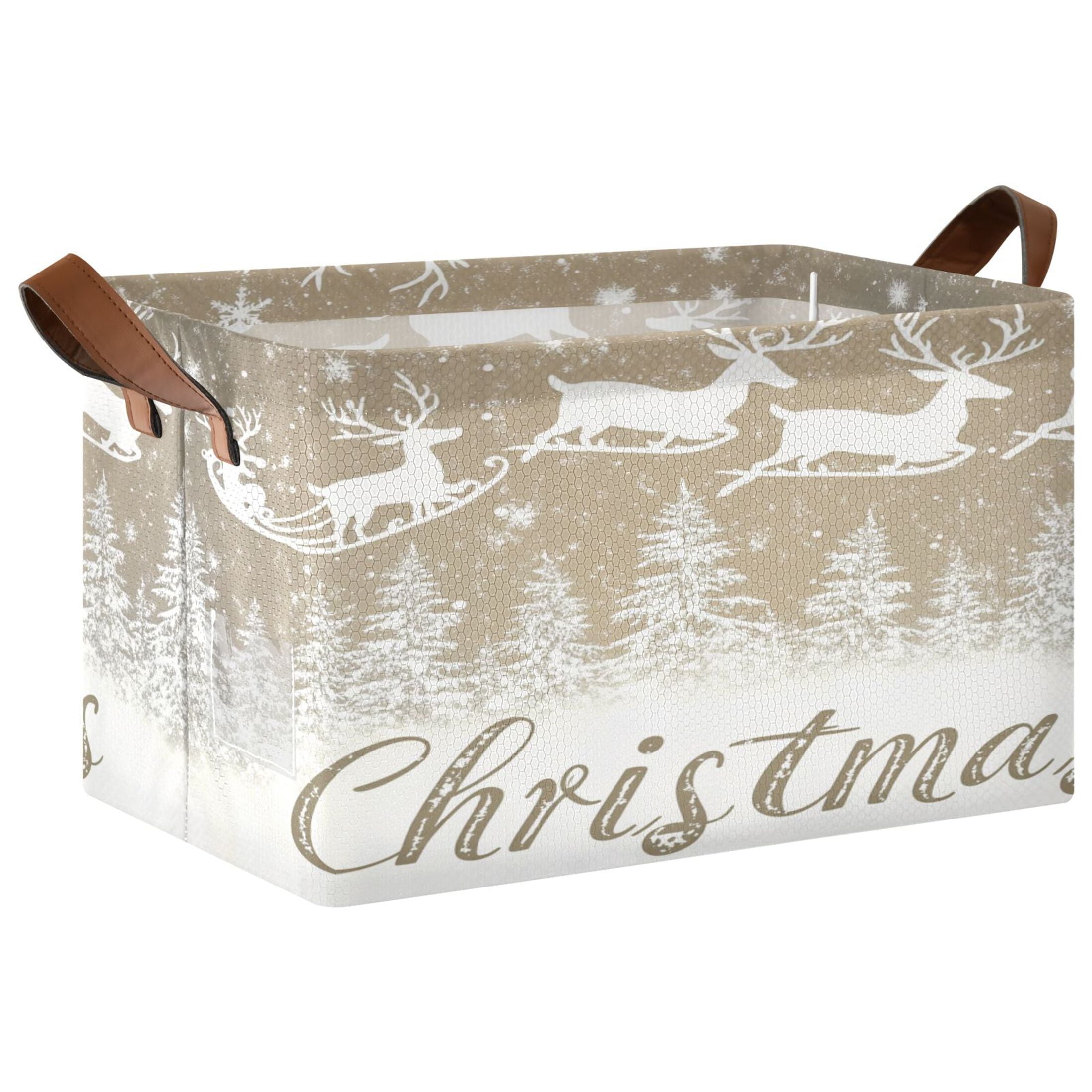 BZSMCE Collapsible Fabric Cube Storage Bins White Snowflakes Reindeer Print Design Pattern Storage Box