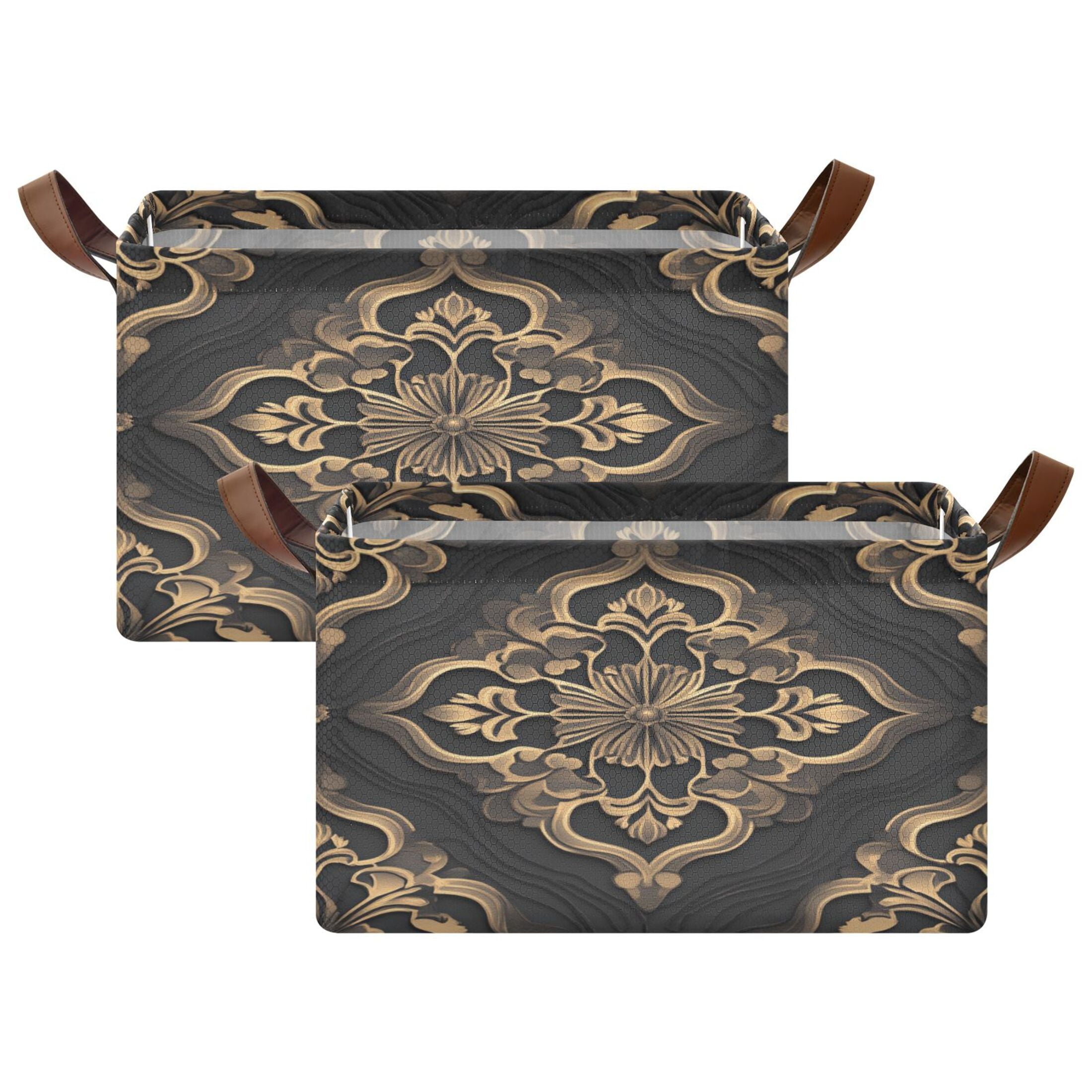 BZSMCE Collapsible Fabric Cube Storage Bins Bohemia Design Gold Flower Print Design Pattern Storage Box