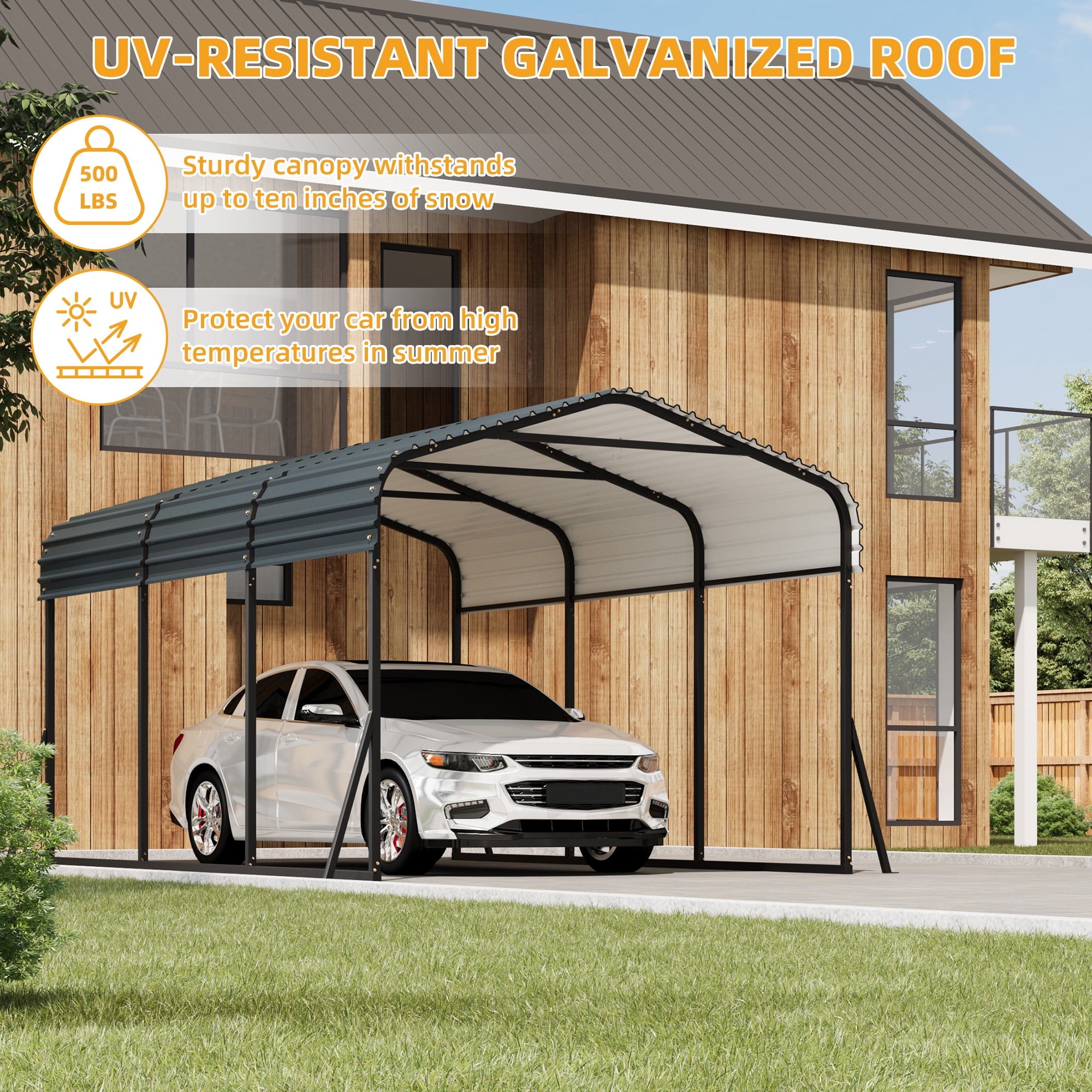 Ataucjin 10X15 FT Heavy Duty Metal Carport with Galvanized Steel Roof, Steel Carport Kits Outdoor with Metal Roof, Galvanized Car Shelter for Tractors, Pickup, Boat, Car(ship in 3 boxes)
