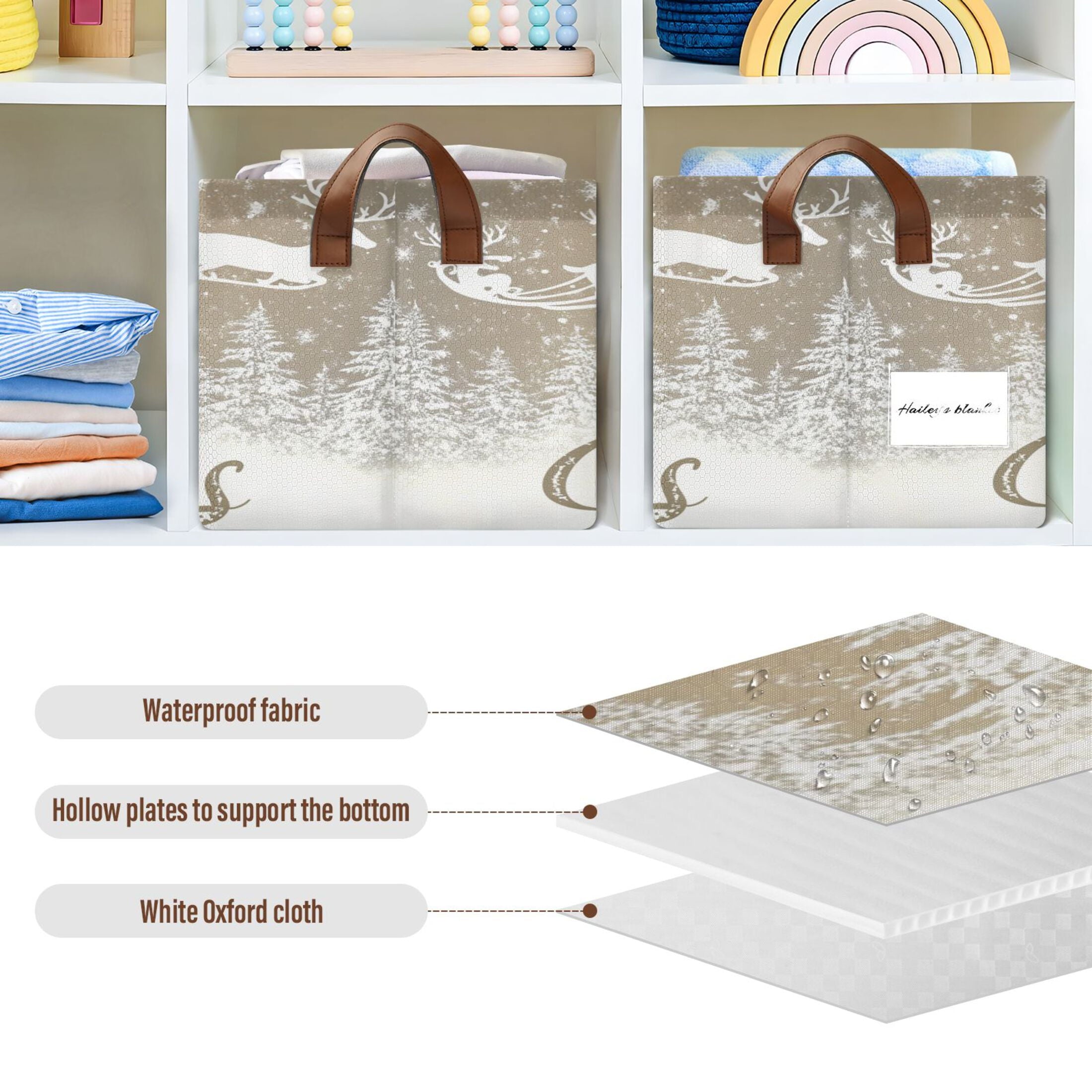 BZSMCE Collapsible Fabric Cube Storage Bins White Snowflakes Reindeer Print Design Pattern Storage Box