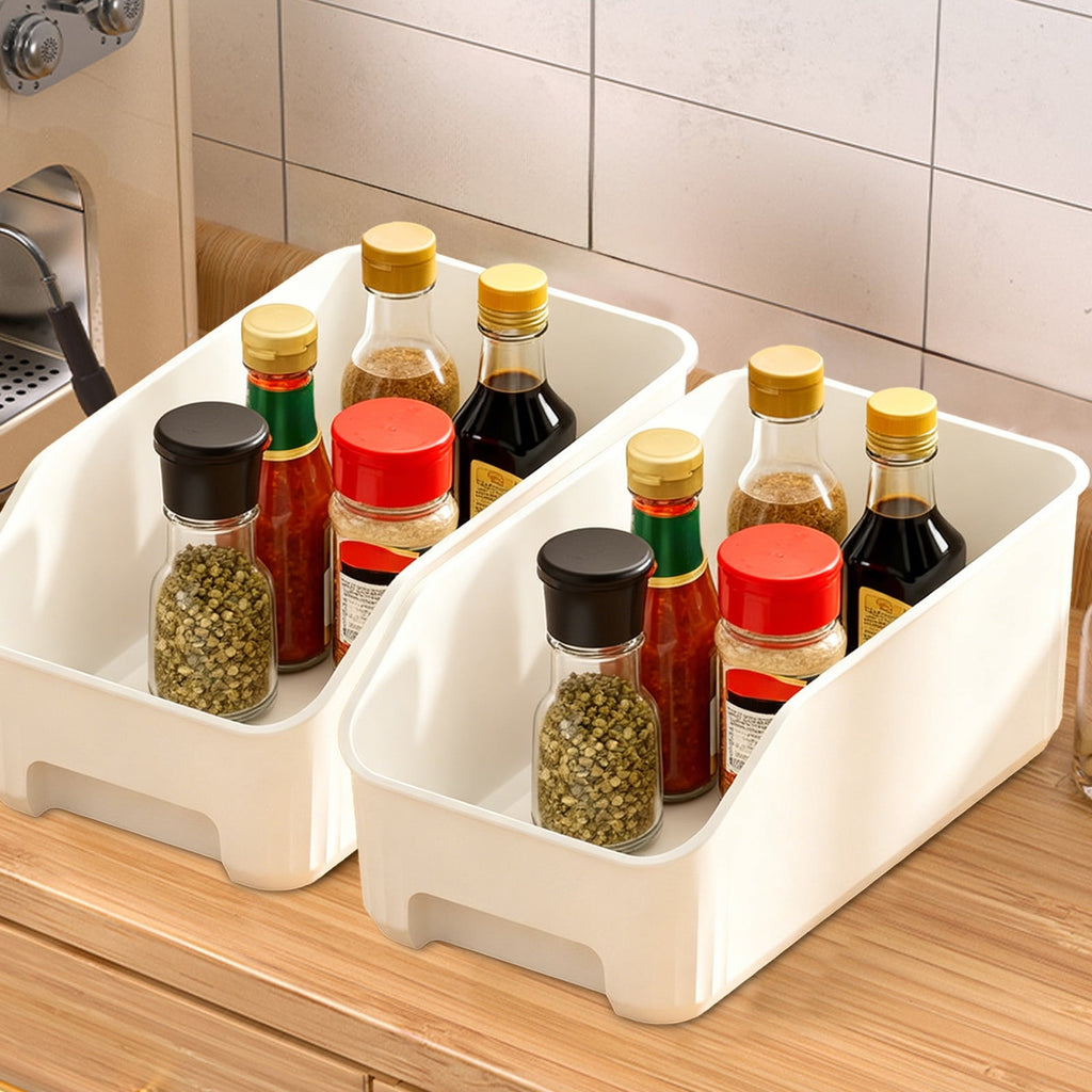 Narrow Plastic Storage Bins, 14.6x6.7x5.3 Inch Open Front Organizer Bins for Kitchen Cabinet, Pantry, Fridge, Bathroom - Collapsible Stackable White Bins, BPA-Free