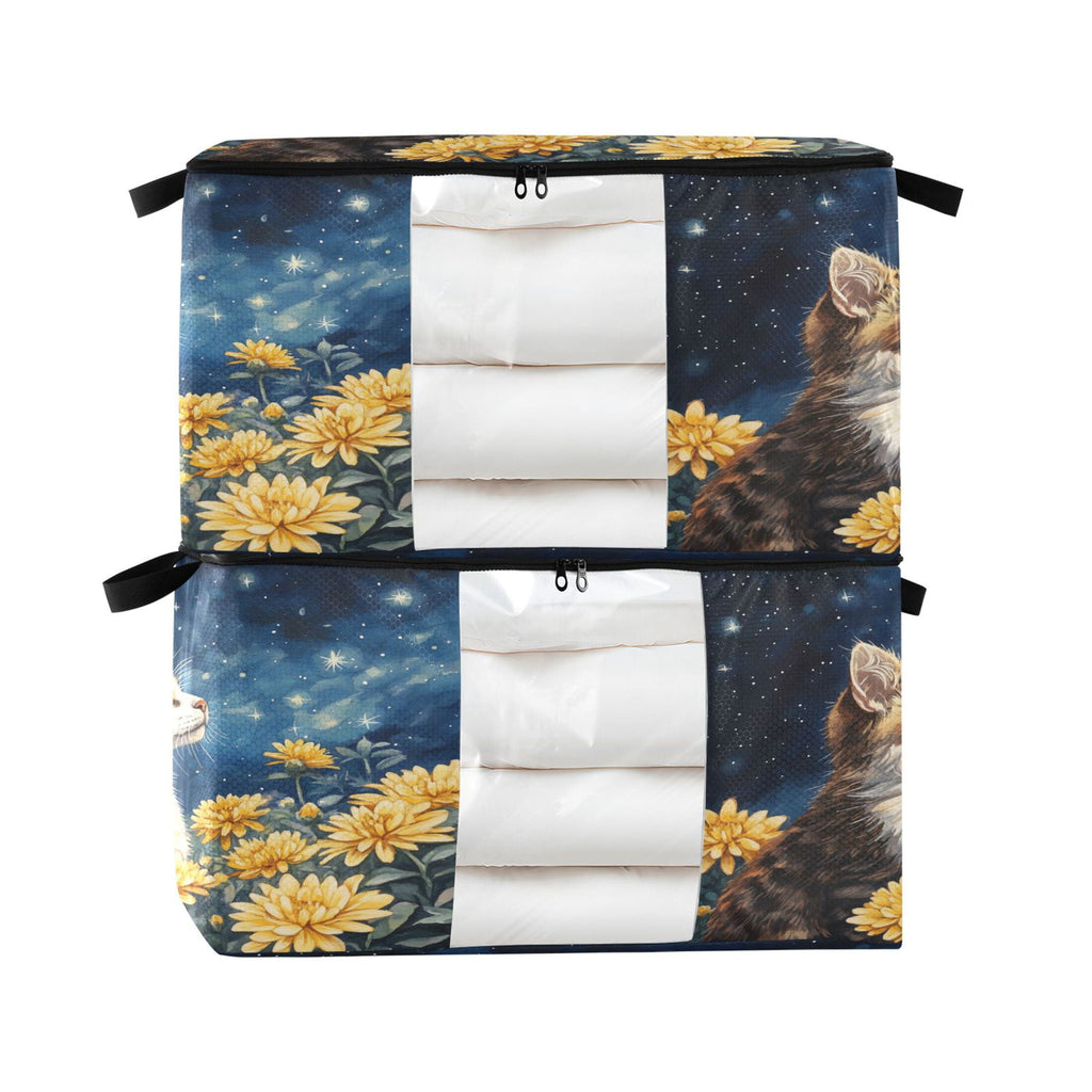 BZSMCE Under Bed Storage Bags With Reinforced Handles Cat Among Flowers under Stars Underbed Storage