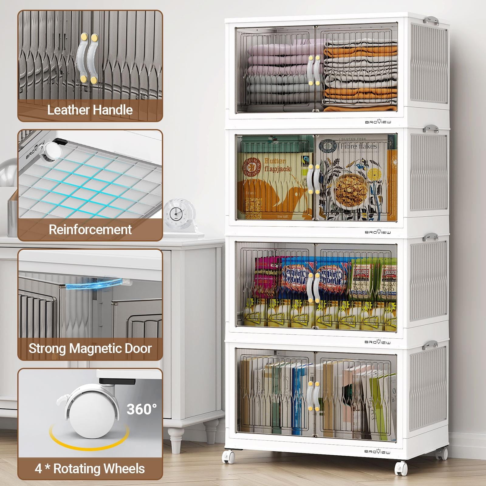 BROVIEW 150Gal Large Storage Bins with Lid, 600Qt Plastic Stackable Closet Organizer and Storage, Collapsible Storage Box with Wheels, Folding Storage Cabinet Containers for Home Office, 5Pack White