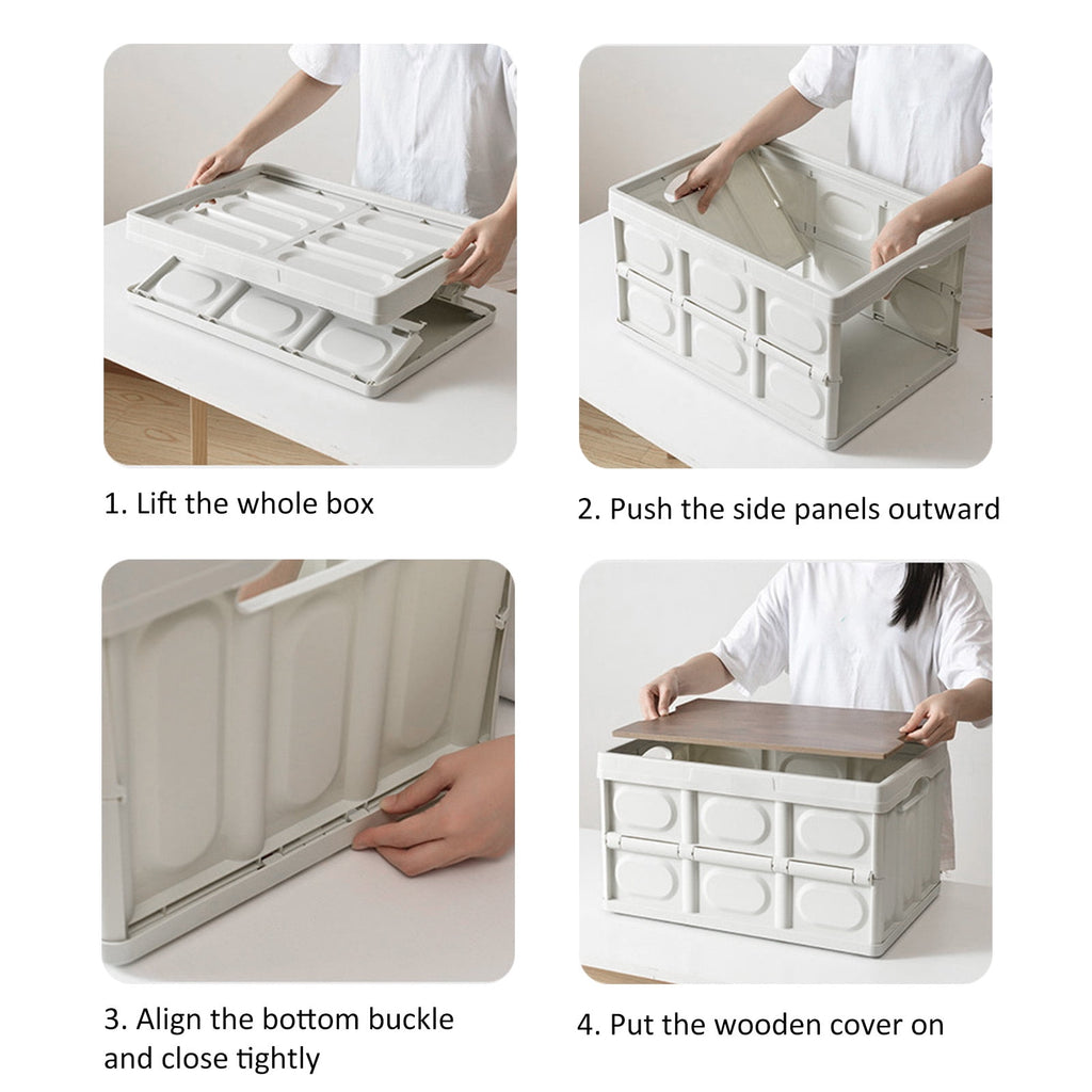 30L Outdoor Multifunctional Folding Storage Box Thicken Removable Portable Storage Box with Wooden Panel for Outdoor White