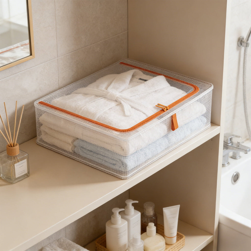 Clear Storage Bins with Lids, Foldable Fabric Storage Containers, Large Closet Organizer for Clothes Blankets Toys, 21.7x19.3x7.5 Inch, Orange/Nylon