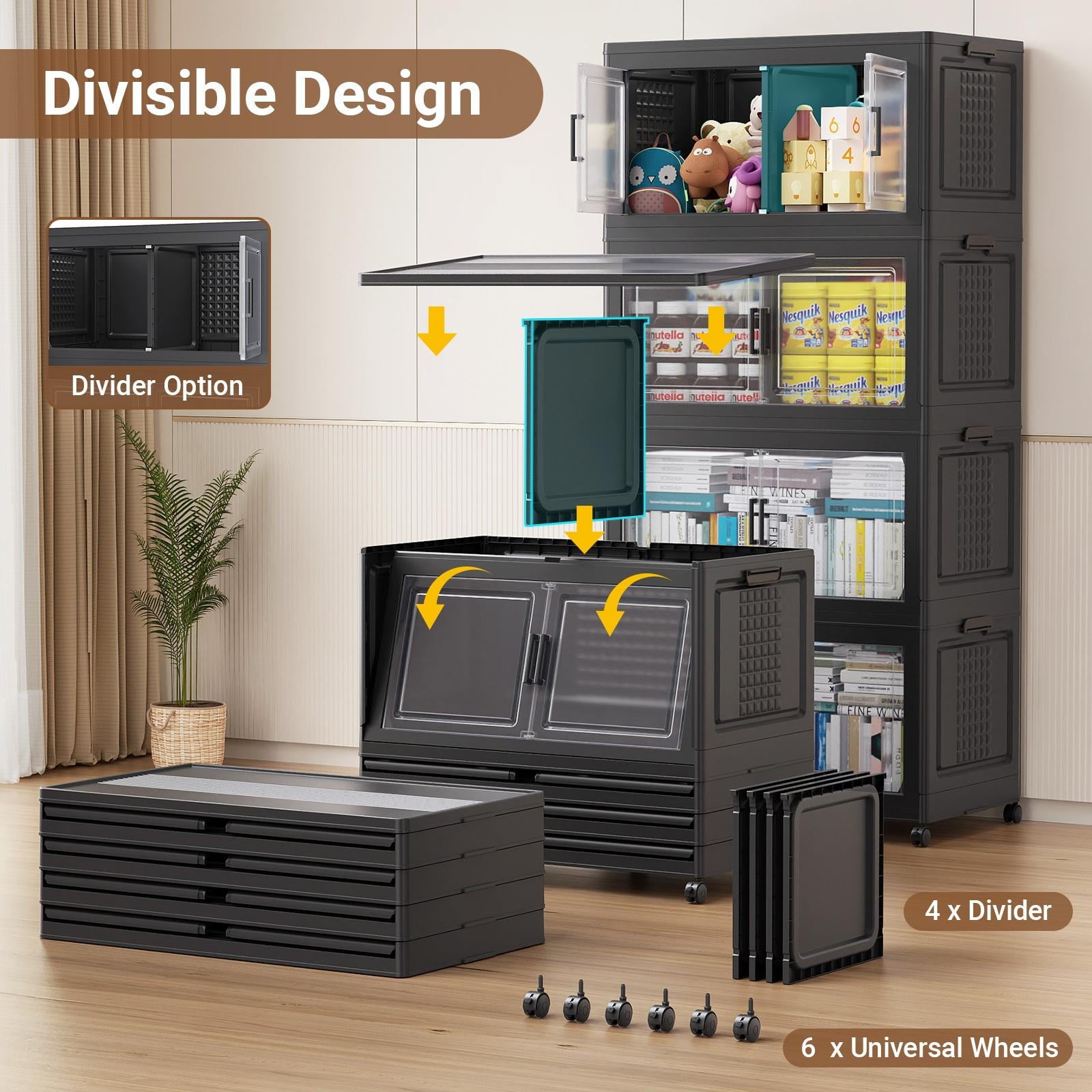 Broview 300Gal Extra Large Stackable Storage Bins with 2 Lids and 12 Wheels, 6Pack Plastic Bins with 6 Dividers, Closet Organizers and Storage Cabinet Shelves Collapsible Box for Home Office, Black