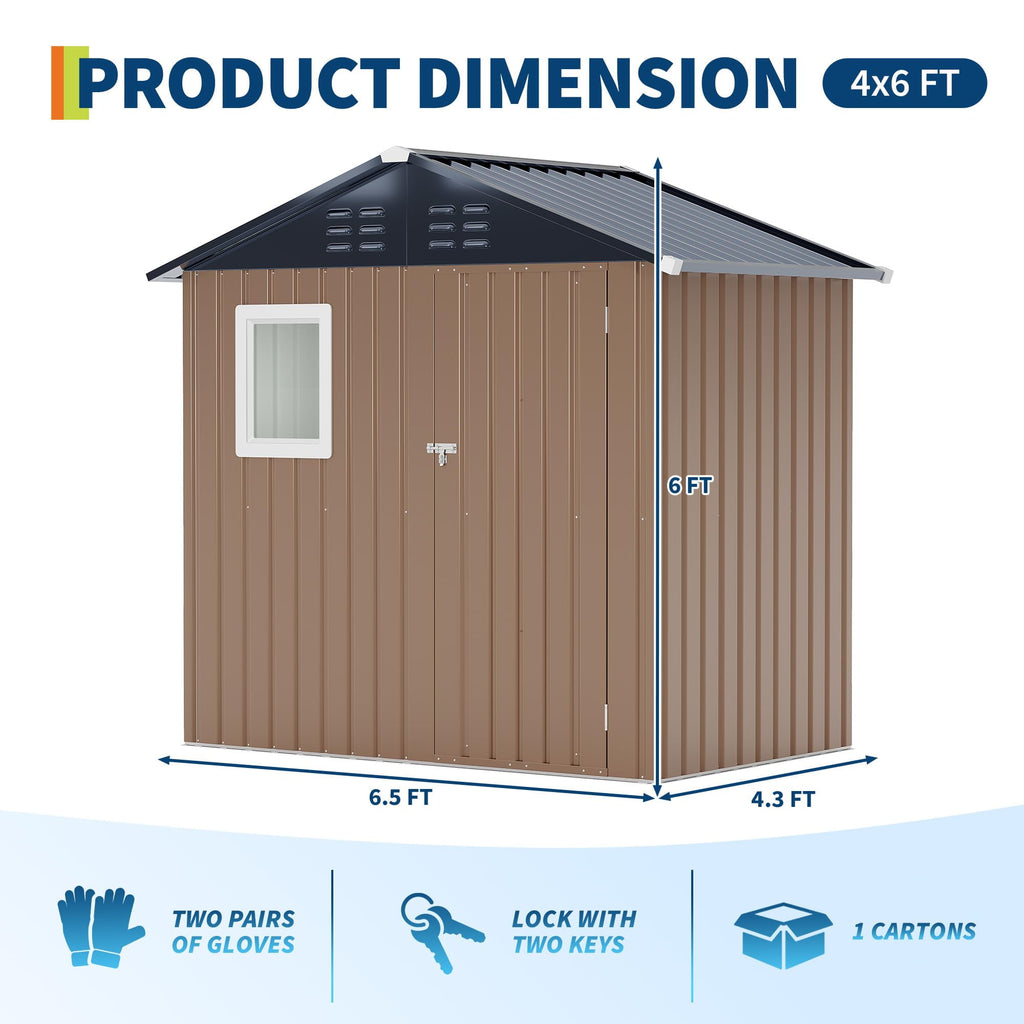 Ataujin 6x4 FT Outdoor Metal Storage Shed with Window, Outdoor Utility Shed with Lockable Door & Air Vent, Large Garden Tool Shed for Backyard, Patio, Lawn
