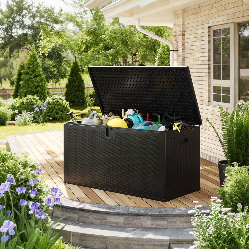Ataujin 150 Gallon Outdoor Storage Box, Weather-Resistant Outdoor Storage Box with Lid, Large Resin Deck Box with Hydraulic Air Rod, Weatherproof & Lockable for Patio Cushions, Garden Tools