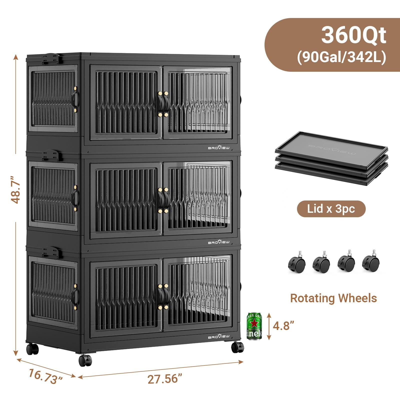 BROVIEW 360QT Large Stackable Storage Bins with Lids and Wheels, Plastic Closet Organizer and Storage Drawer, Collapsible Storage Cabinet with Doors for Home Kitchen, 3Pack Black