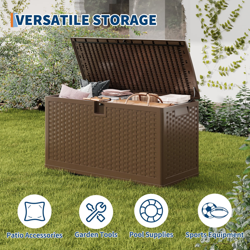 Ataucjin 73 Gallon Resin Deck Box, Lockable Outdoor Storage Bin, Waterproof Outdoor Storage Box with Lockable Lid & UV Resistant, Patio Furniture Cushion Storage Container