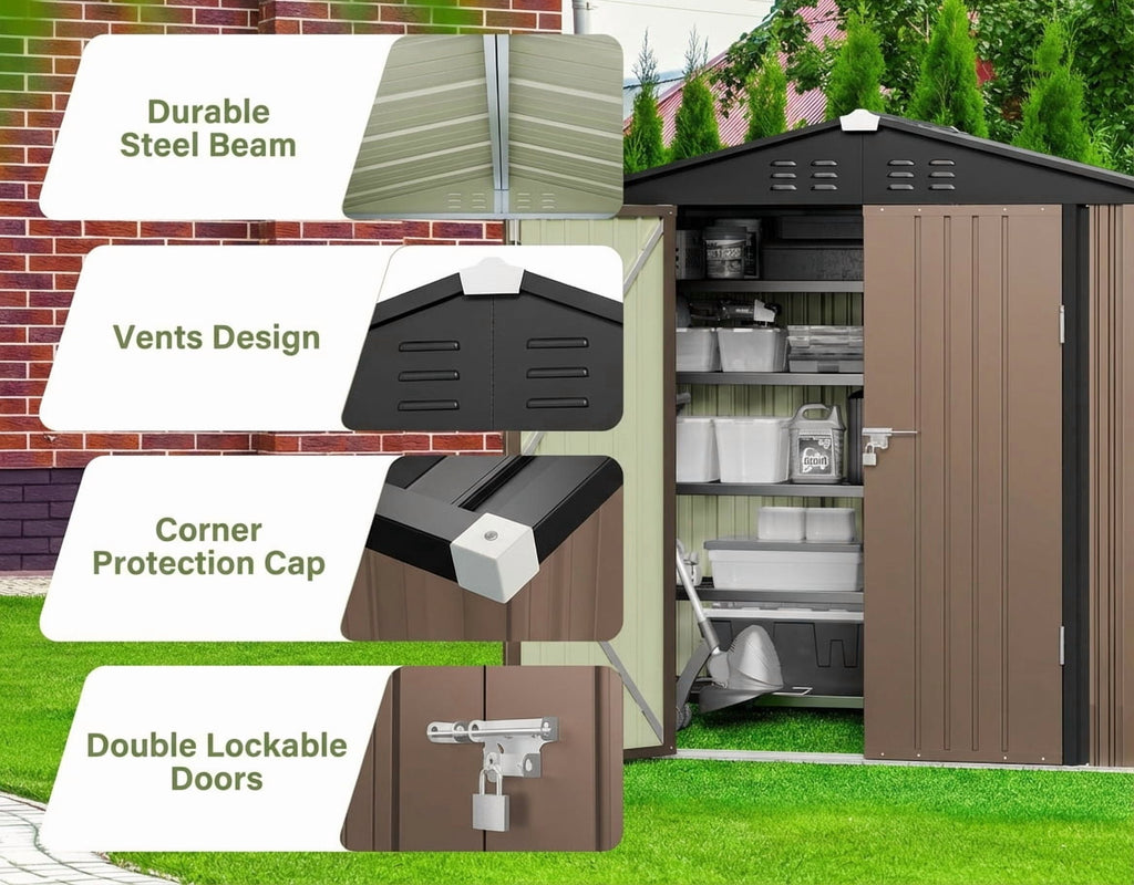 Lockable Lofka 8x6 FT Shed and Outdoor Storage Clearance - All-Weather Resistant Metal Shed, Brown