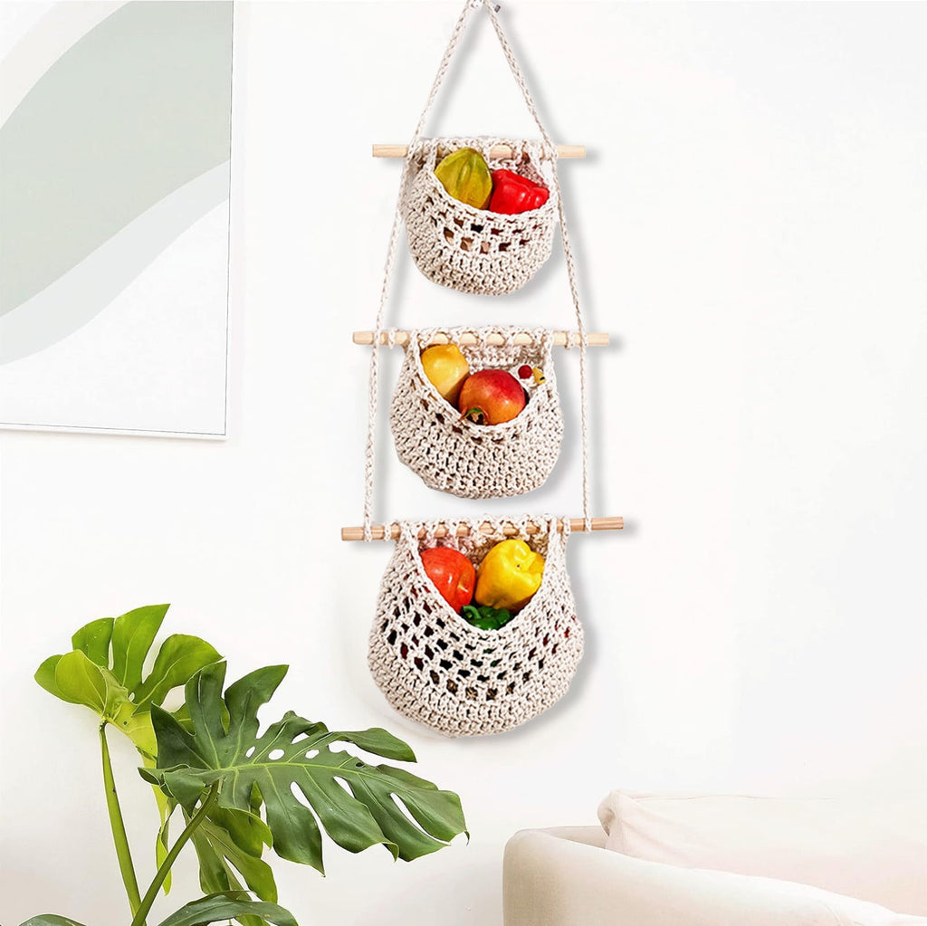 Litrail 3TierHangingBasketJute-HandwovenKitchenFruitVegetableStorage,BohemianRusticEco-FriendlyBasketforHomeBathroomLivingRoomSpace-Saving