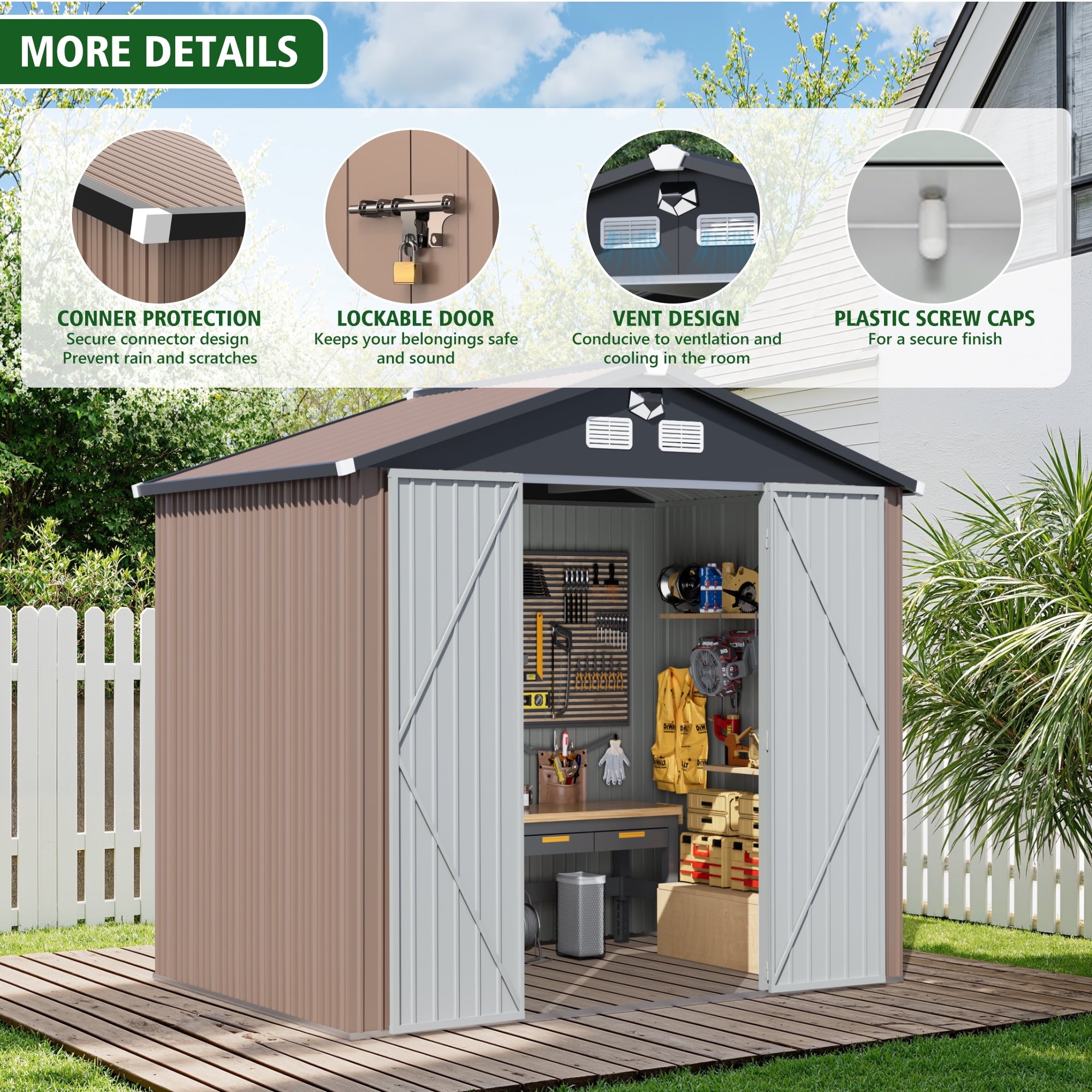 10 ft. W x 8 ft. D Outdoor Metal Tool Storage Shed with Led Light & Air Vents