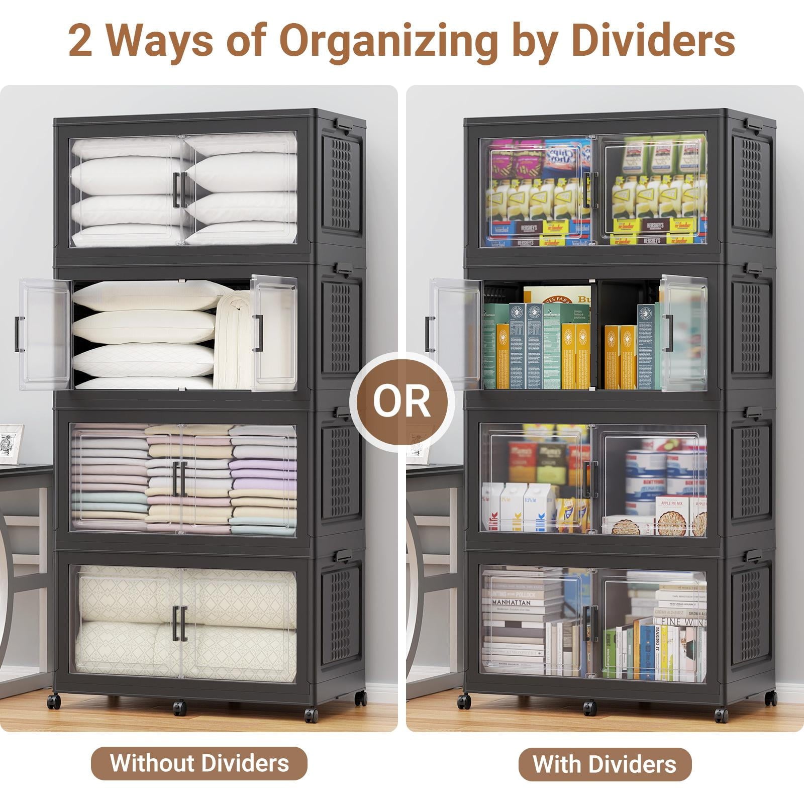 Broview 300Gal Extra Large Stackable Storage Bins with 2 Lids and 12 Wheels, 6Pack Plastic Bins with 6 Dividers, Closet Organizers and Storage Cabinet Shelves Collapsible Box for Home Office, Black