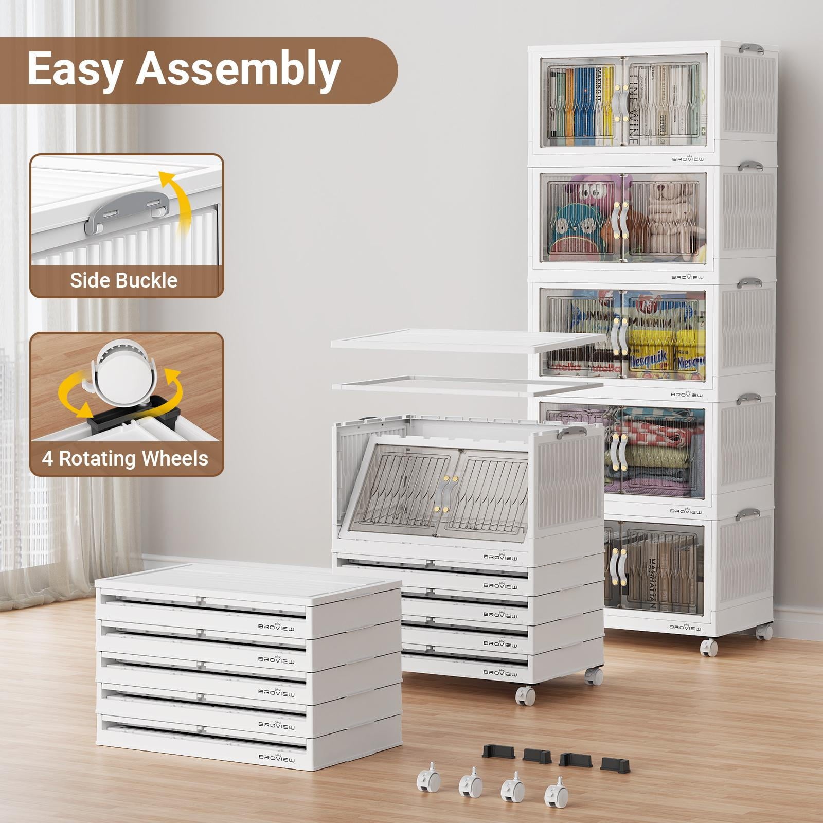 BROVIEW 150Gal Large Storage Bins with Lid, 600Qt Plastic Stackable Closet Organizer and Storage, Collapsible Storage Box with Wheels, Folding Storage Cabinet Containers for Home Office, 5Pack White