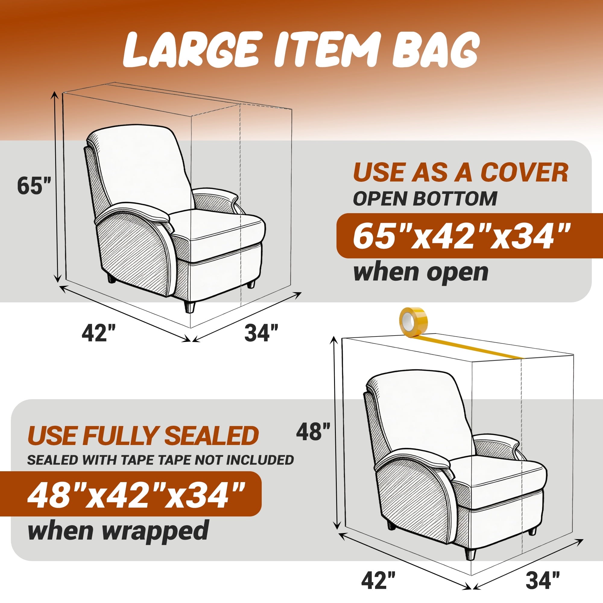 AGALI Clear Sofa & Chair Moving Bags, 4 Mil Thick Waterproof Covers, Reusable, Tear-Resistant Protection for Furniture During Moves & Storage (Chair Size)