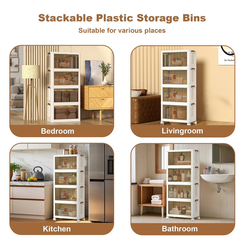 Home Plastic Stackable Storage Boxes With Lid, 4 Tiers 288QT Total Foldable Storage Bins With Doors and Wheels Stackable Storage Containers for Living Roon Bedroom Closets(72qt Per, 4 Tiers)