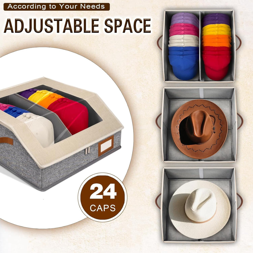 2-in-1 Hat Organizer for Baseball Caps Holds 24-30 Caps Hat Storage with Adjustable Divider Stackable Hats Holder for Closet with Clear lid Cowboy Hat Box for Men Women 1 PCS Beige and Grey