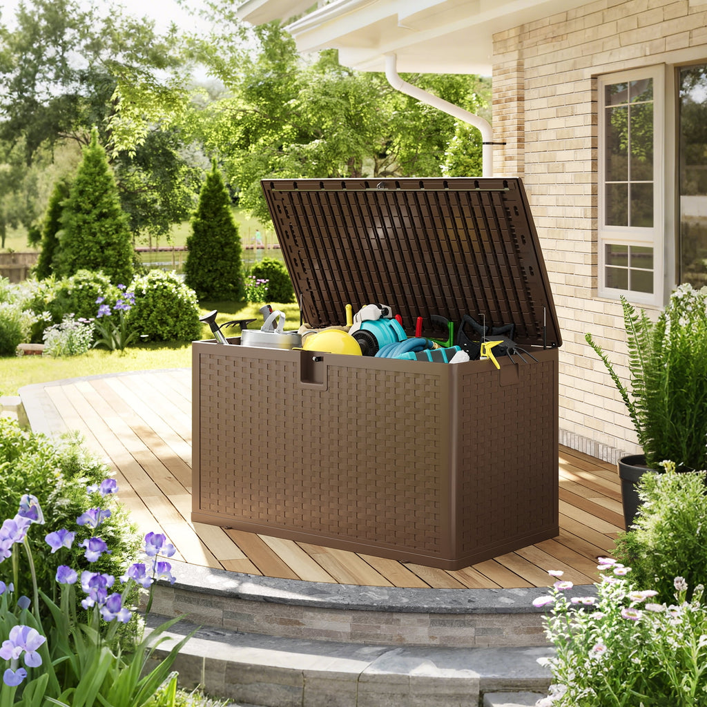 Ataucjin 120 Gal Deck Box, Weather-Resistant Outdoor Storage Box, Lockable Plastic Deck Box with Lid, Lockable Storage Bin with Built-in Handle for Patio Furniture, Pool Accessories, Gardening Tool