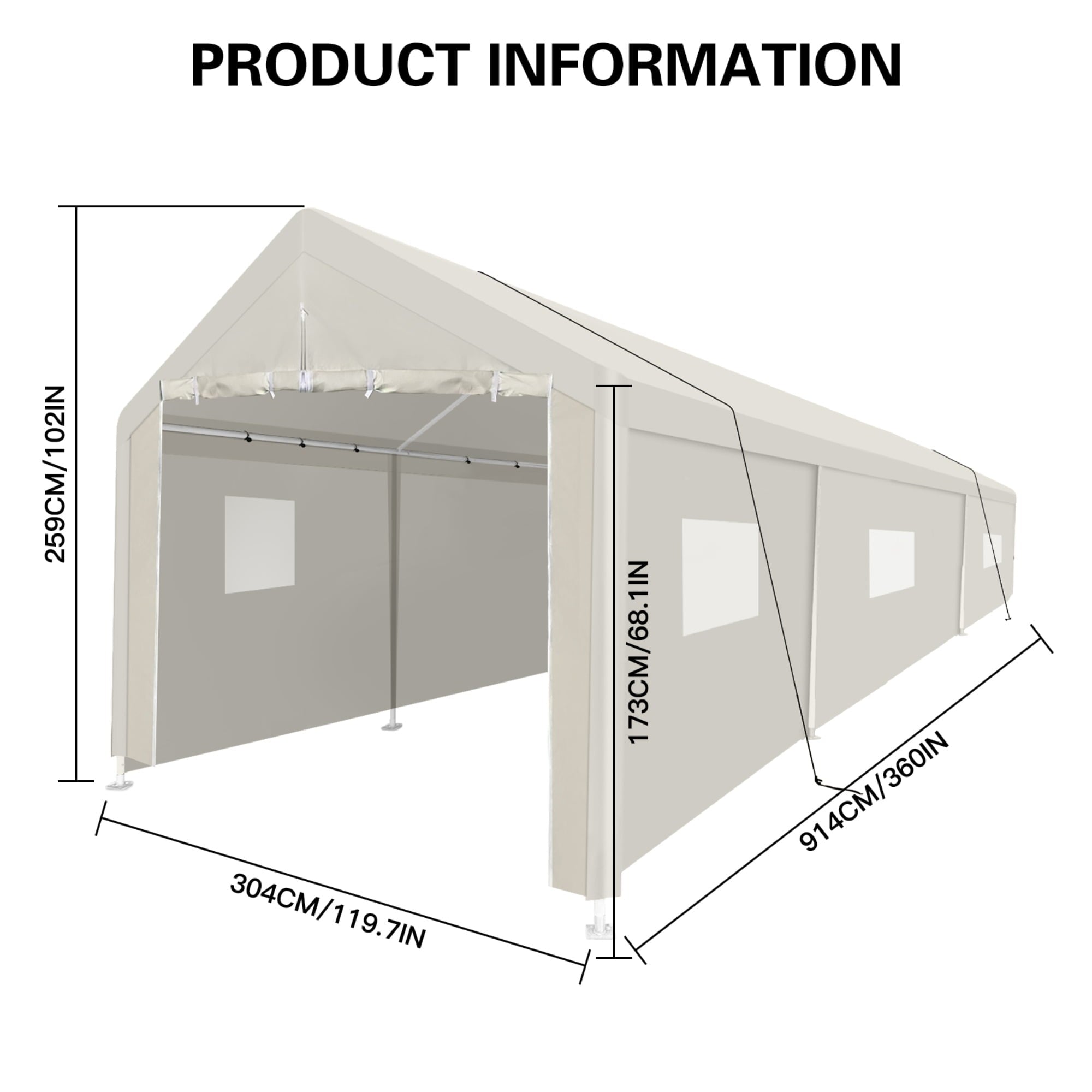 JXXRZ 10'x30' Heavy Duty Car Tent, Portable Carport Garage with Roll-up Windows , All-Season Waterproof Tarp for Outdoor Storage Shelter, Party, Birthday, White