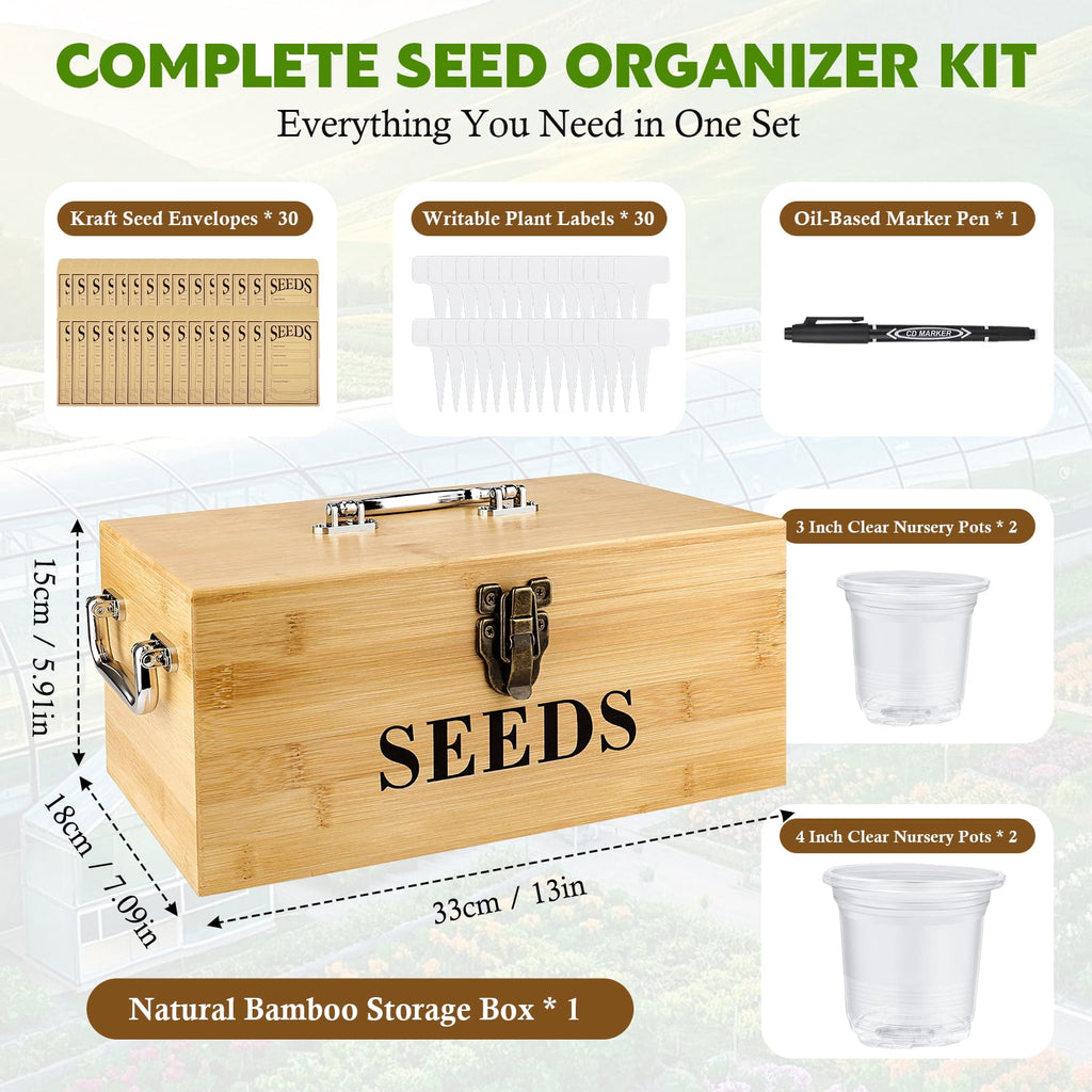 VOROLAK Wood Seed Saving Box, Seed Storage Organizer Case, Seed Packet Storage Organizer with Lock and 3 Handles, 30P Plant Labels, 30P Seeding Envelopes Bag